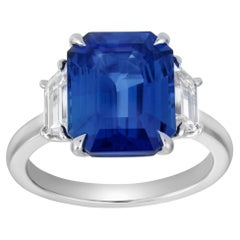 No-Heat 6.39 Ct Emerald-Cut Sapphire & Diamond Three-Stone Engagement Ring