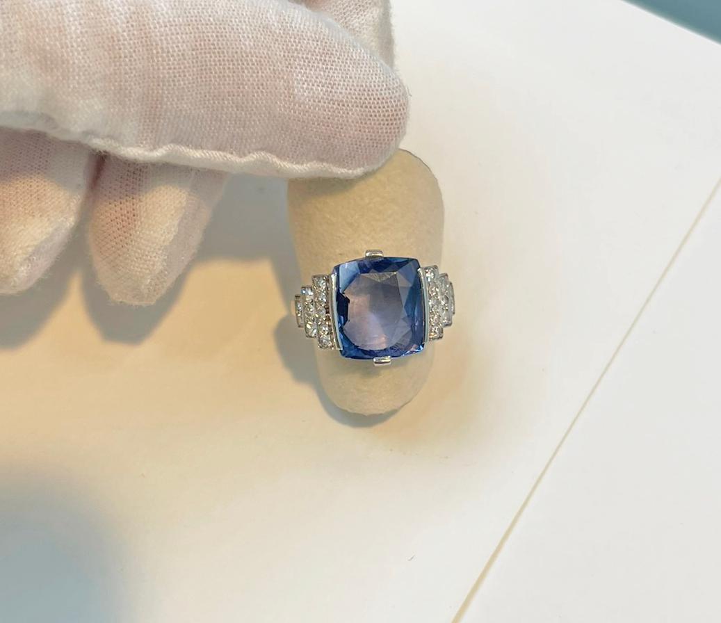 Art Deco No Heat 7 Carat Sapphire Ceylon  Diamond Platinum Vintage Ring  For Sale