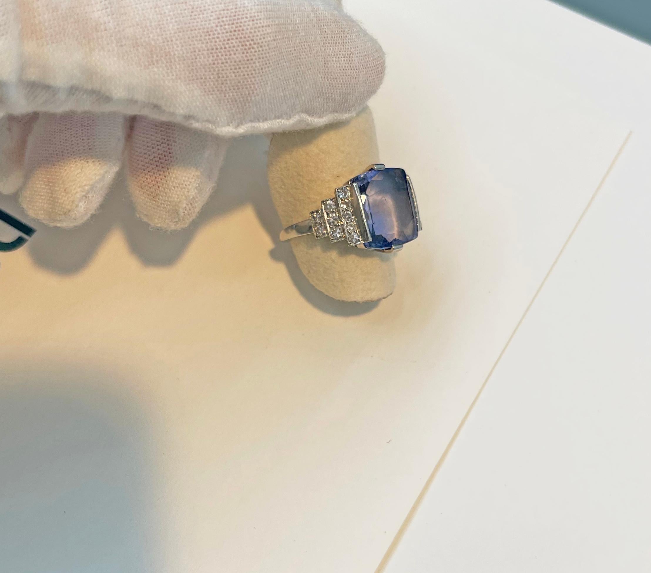 No Heat 7 Carat Sapphire Ceylon  Diamond Platinum Vintage Ring  For Sale 1