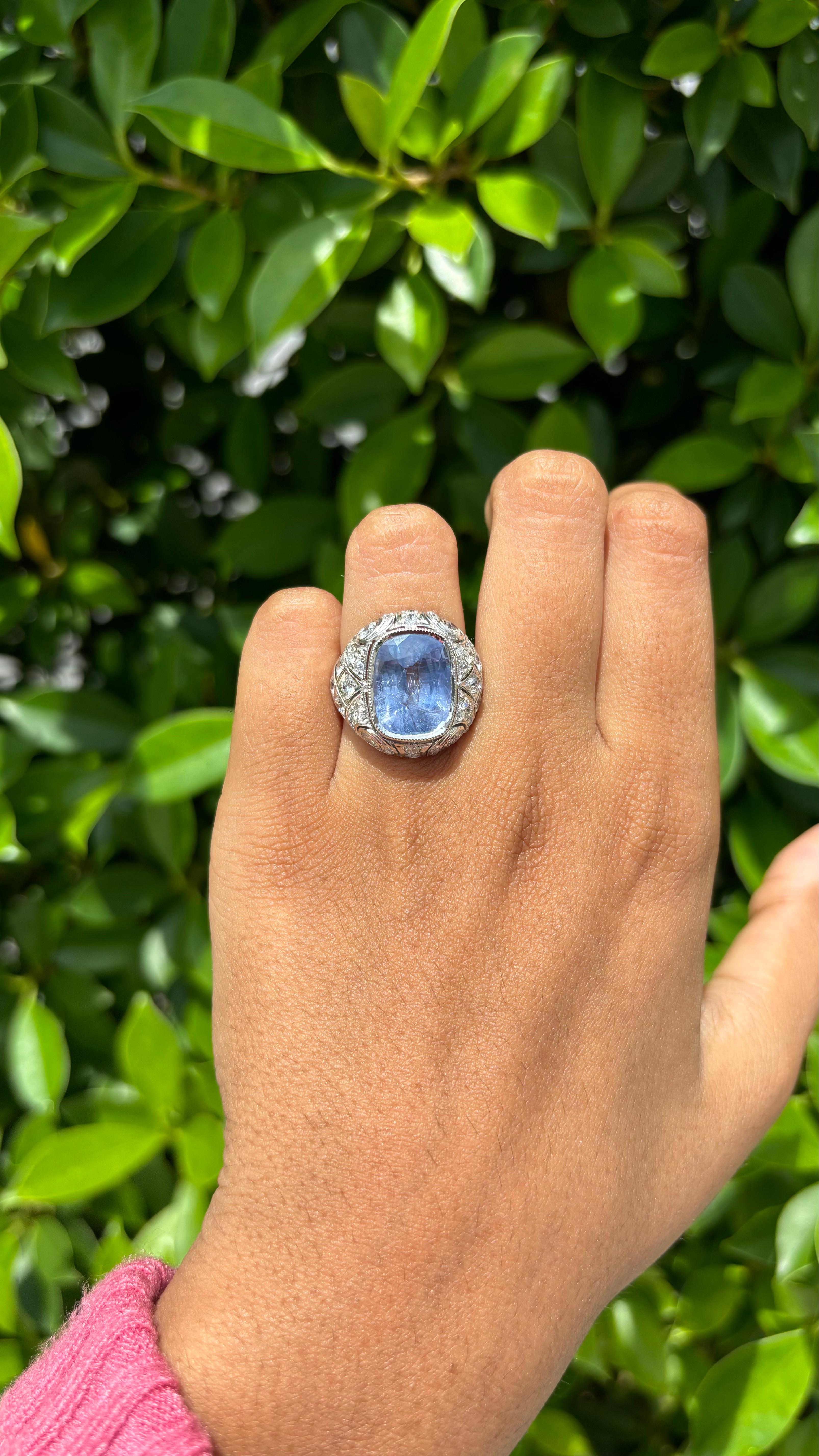 No-Heat 8.05ct cornflower blue Sapphire Art Deco Ring in 18K White Gold 1