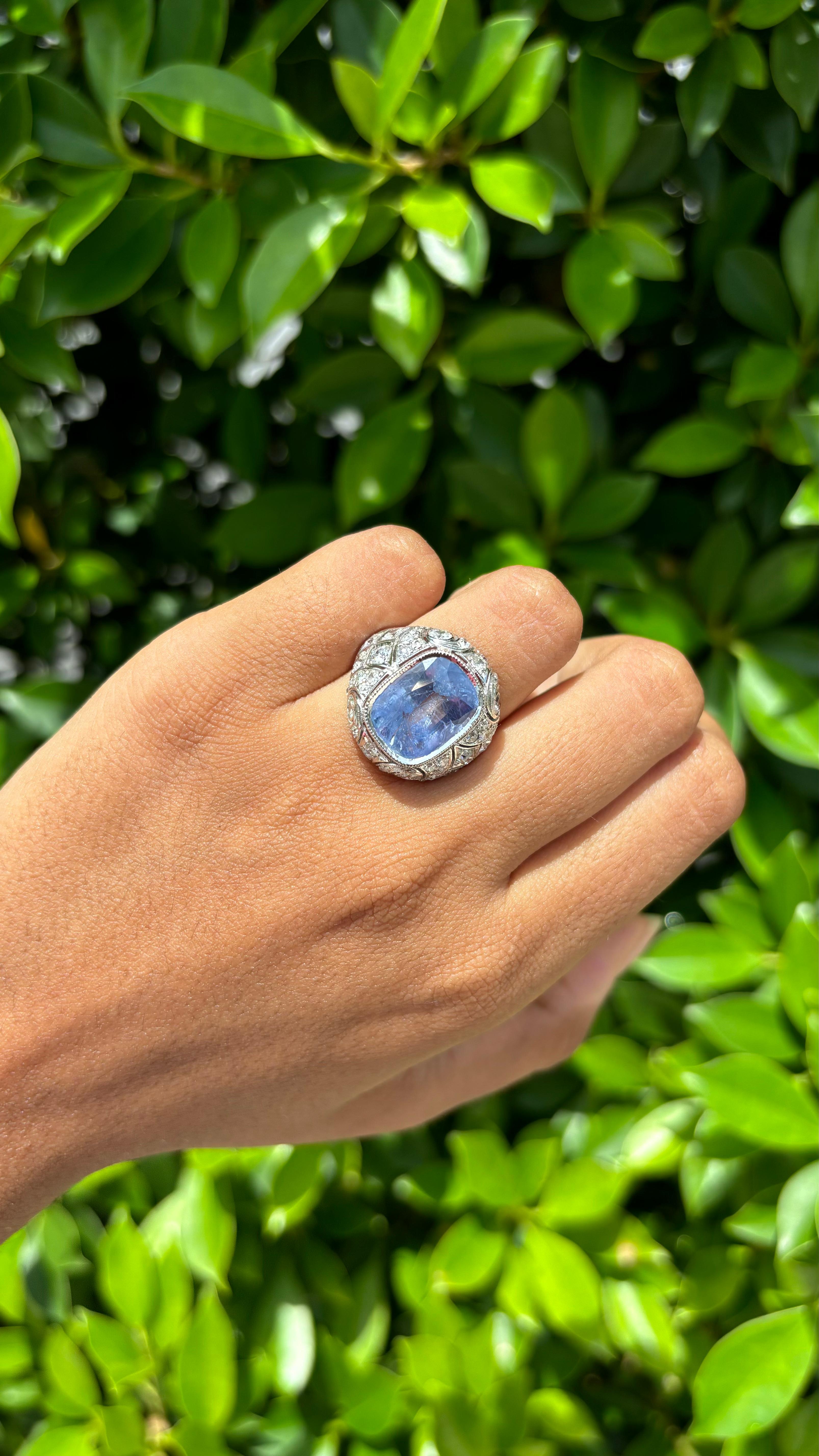 No-Heat 8.05ct cornflower blue Sapphire Art Deco Ring in 18K White Gold 2