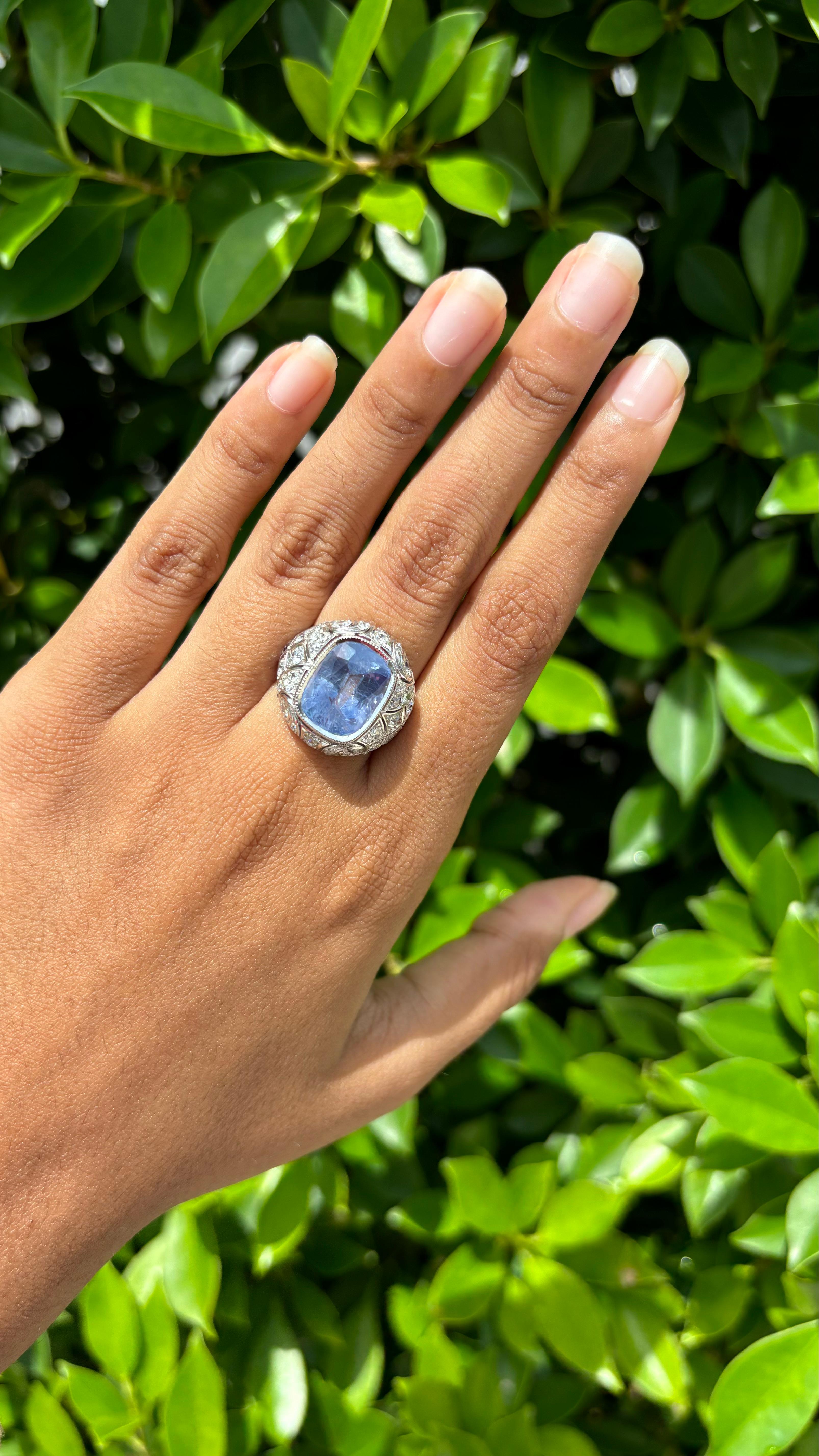 No-Heat 8.05ct cornflower blue Sapphire Art Deco Ring in 18K White Gold 3