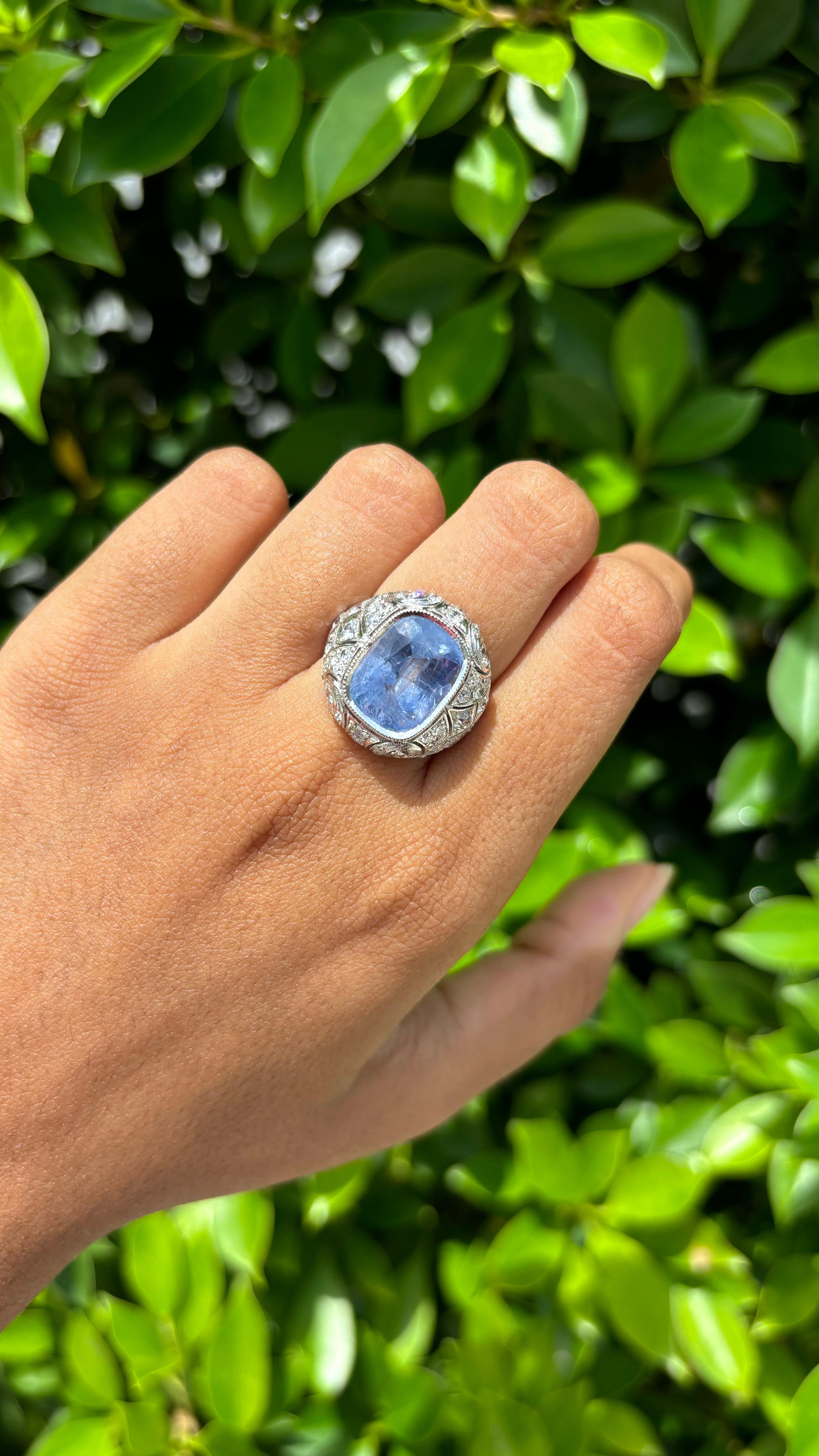 No-Heat 8.05ct cornflower blue Sapphire Art Deco Ring in 18K White Gold 4