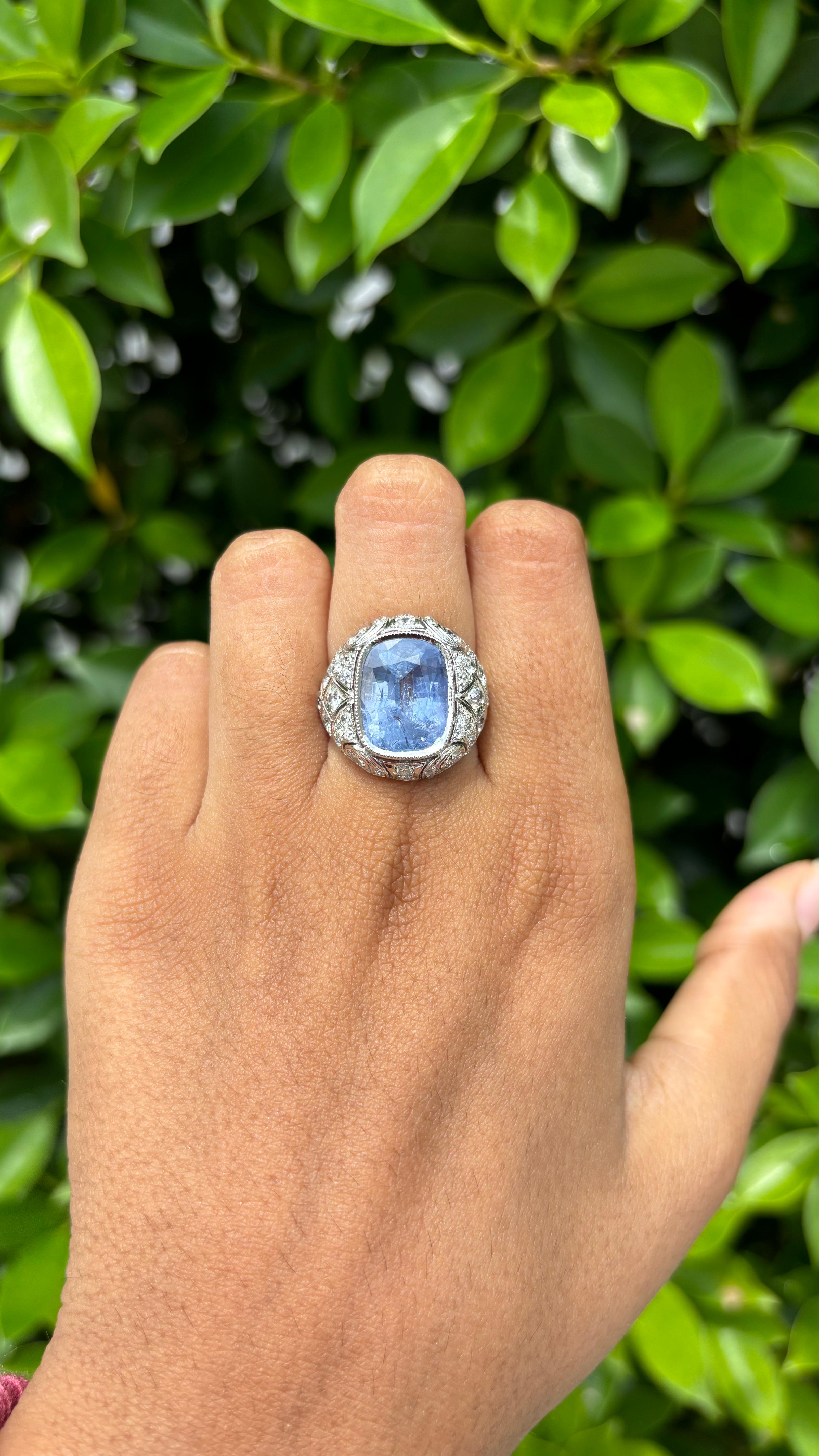 No-Heat 8.05ct cornflower blue Sapphire Art Deco Ring in 18K White Gold 5