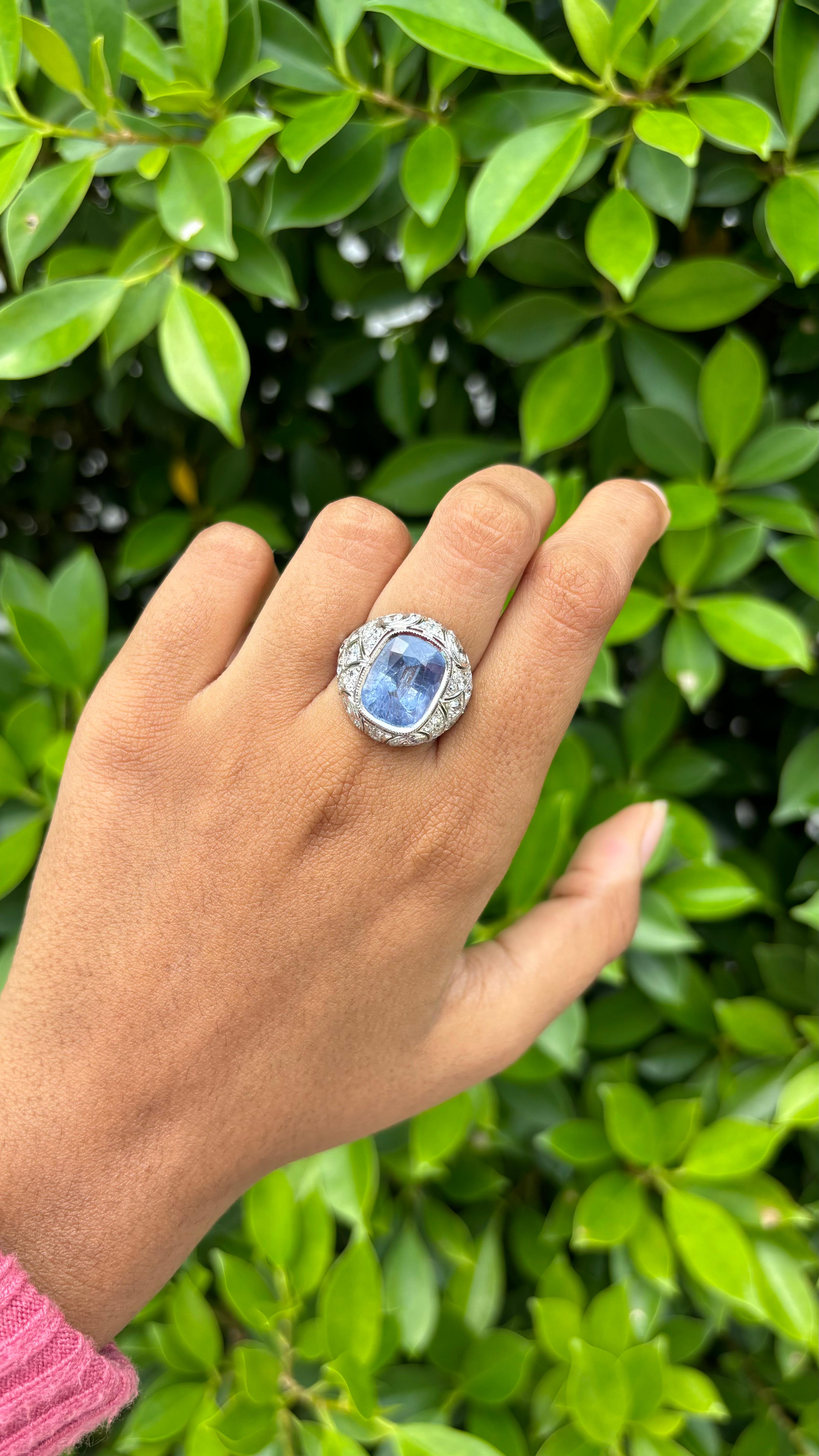 No-Heat 8.05ct cornflower blue Sapphire Art Deco Ring in 18K White Gold 6