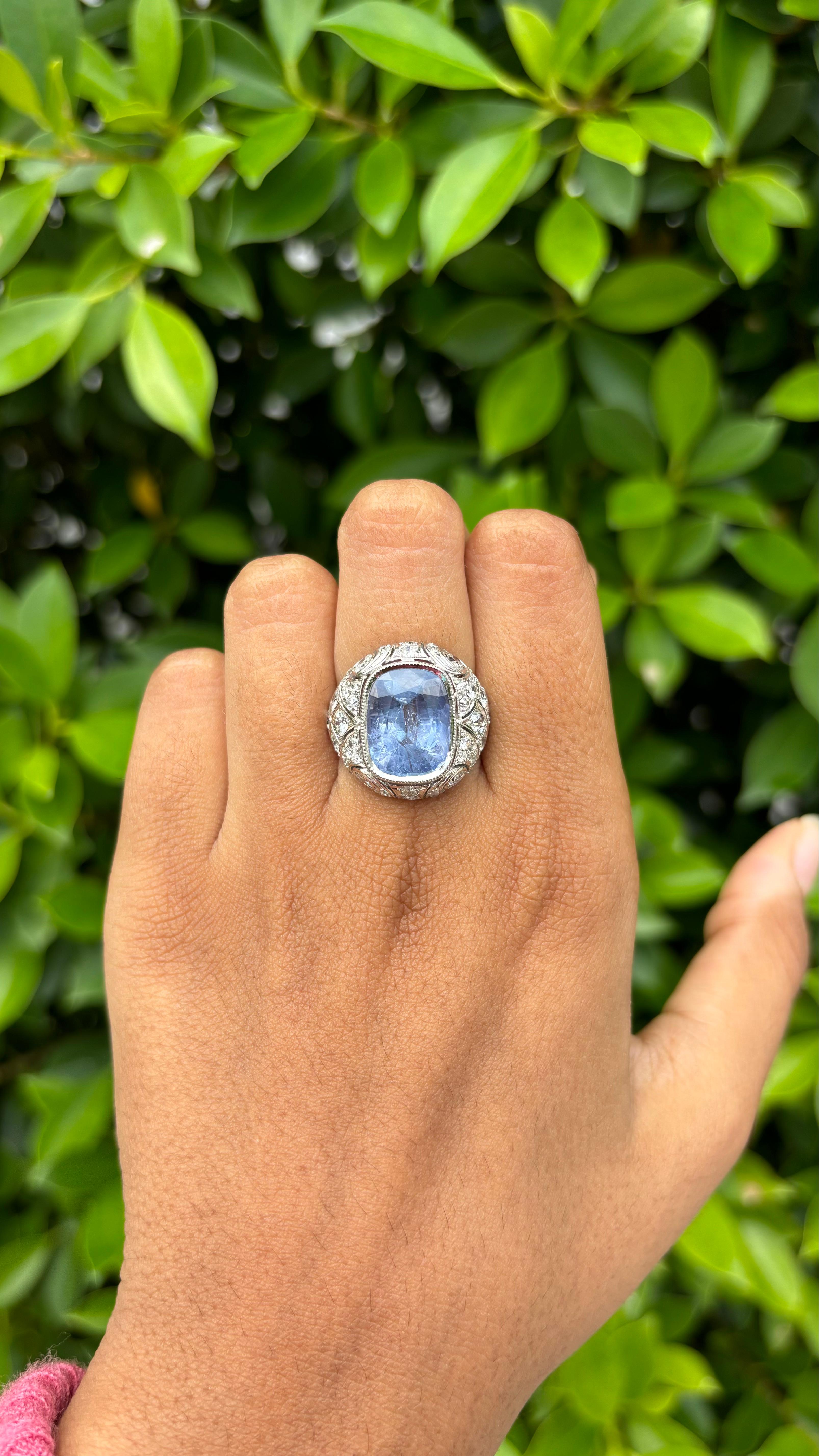 No-Heat 8.05ct cornflower blue Sapphire Art Deco Ring in 18K White Gold 7