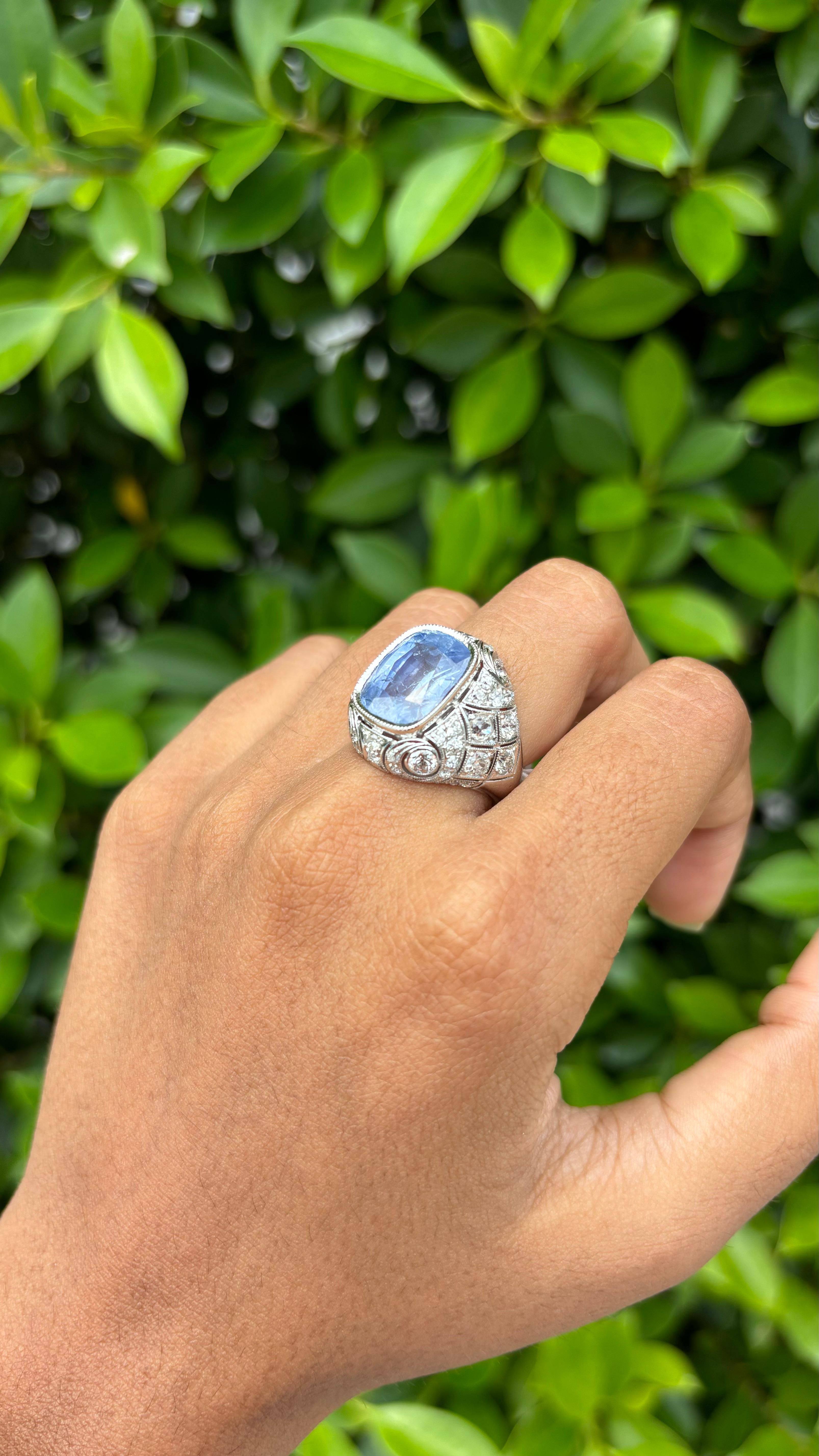 No-Heat 8.05ct cornflower blue Sapphire Art Deco Ring in 18K White Gold 8