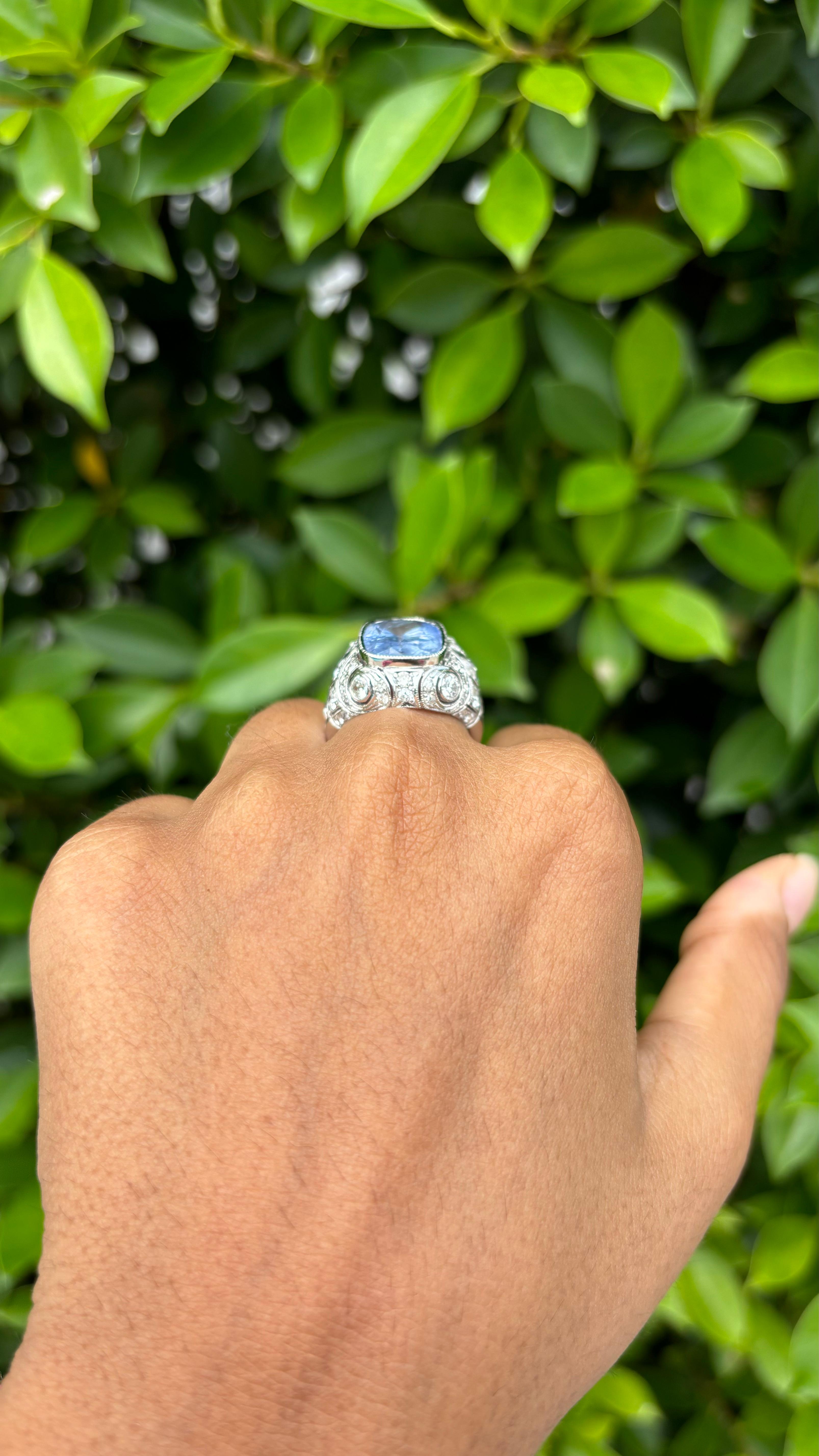 No-Heat 8.05ct cornflower blue Sapphire Art Deco Ring in 18K White Gold 9