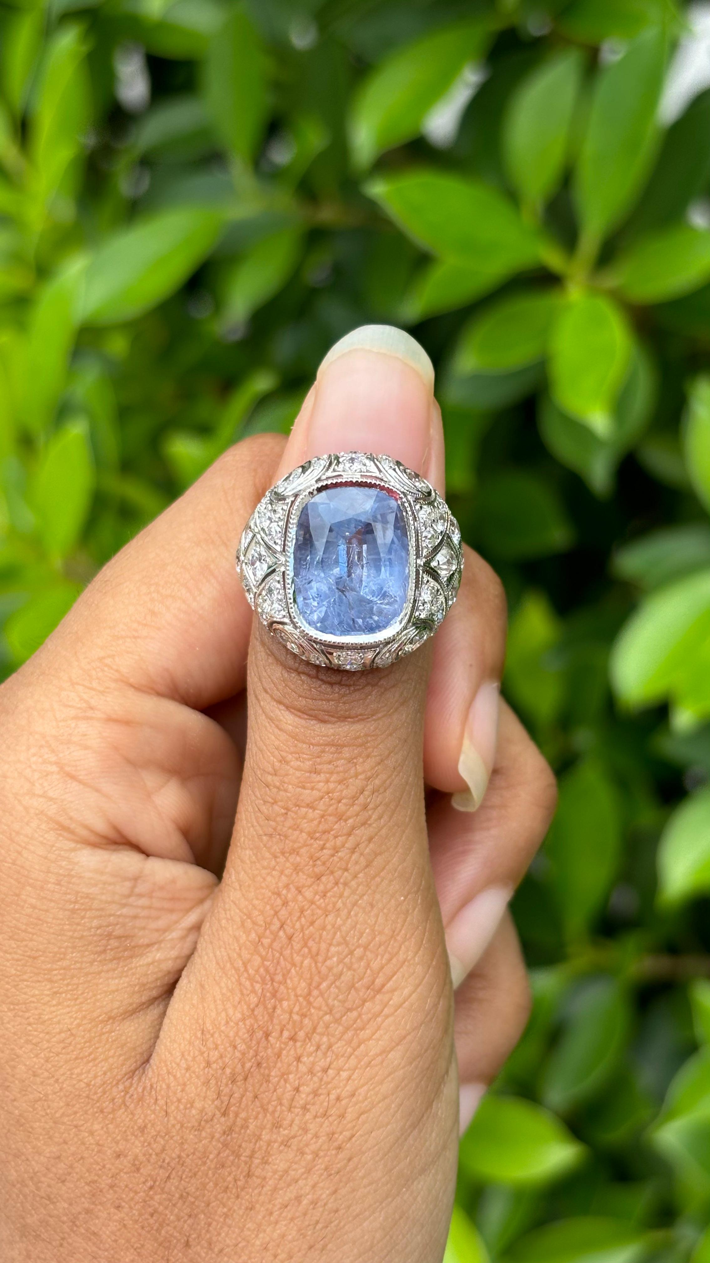 No-Heat 8.05ct cornflower blue Sapphire Art Deco Ring in 18K White Gold 10