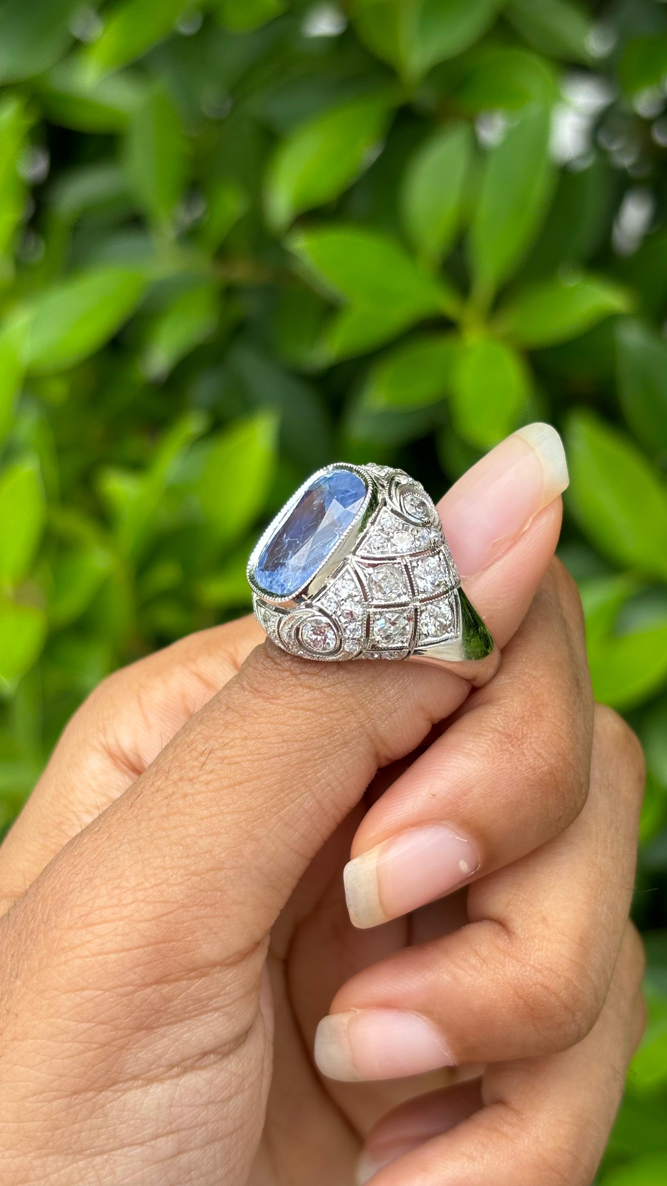 No-Heat 8.05ct cornflower blue Sapphire Art Deco Ring in 18K White Gold 11