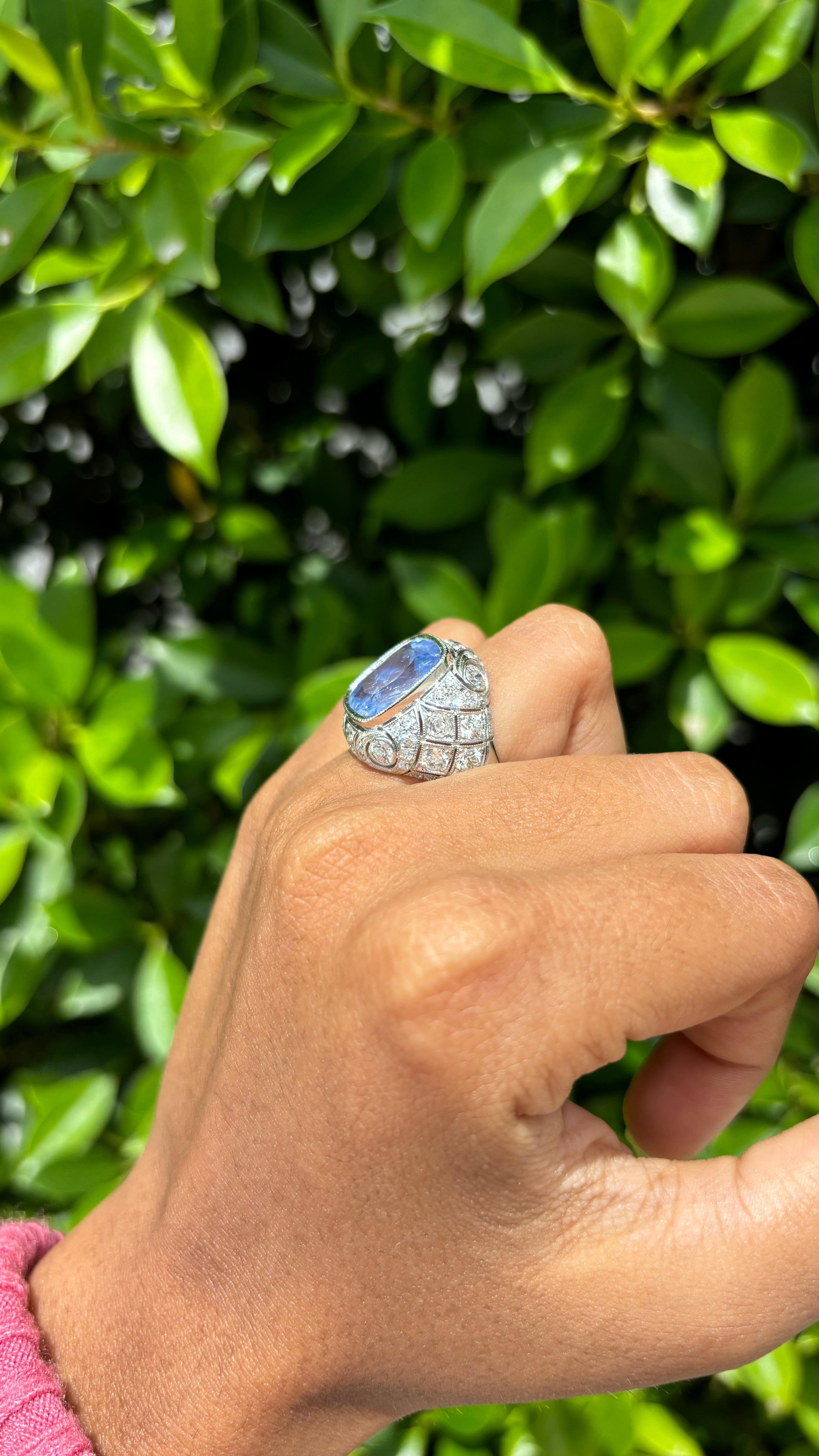 Cushion Cut No-Heat 8.05ct cornflower blue Sapphire Art Deco Ring in 18K White Gold