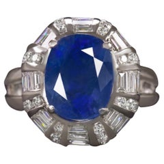 NO HEAT AGL Certified 6 Carat Blue Sapphire Diamond 18 Carat White Gold Ring
