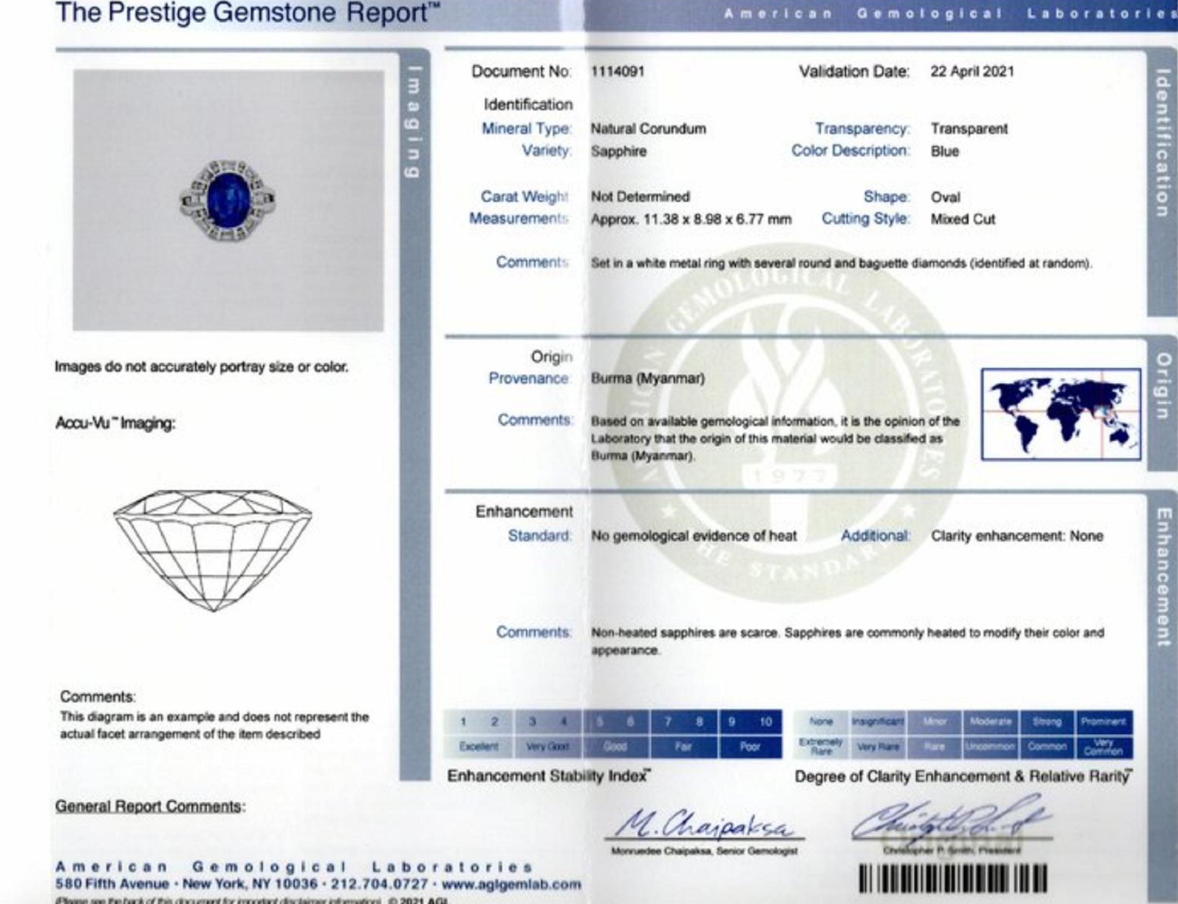 Bague en or blanc 18 carats avec saphir bleu de 6 carats certifié AGL sans chaleur et diamants  Unisexe en vente