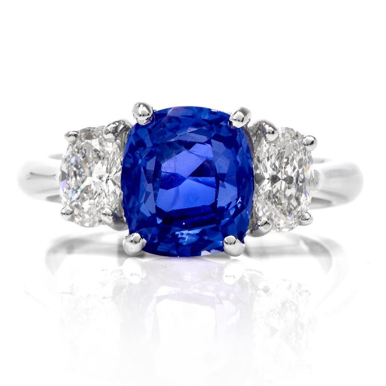 No Heat Blue Ceylon Sapphire Diamond Three-Stone Engagement Ring For ...