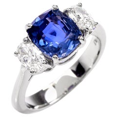 No Heat Blue Ceylon Sapphire Diamond Three-Stone Engagement Ring