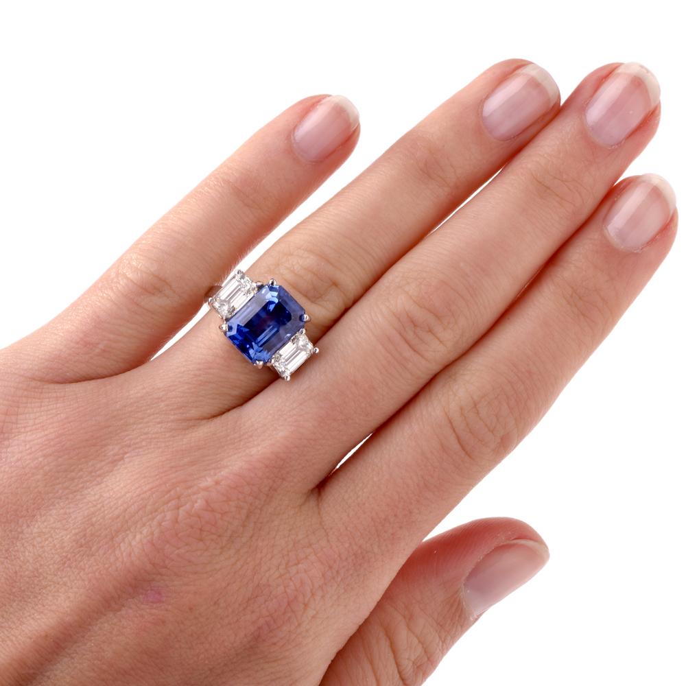 No Heat Blue Ceylon Sapphire Diamond Three-Stone Platinum Ring 6