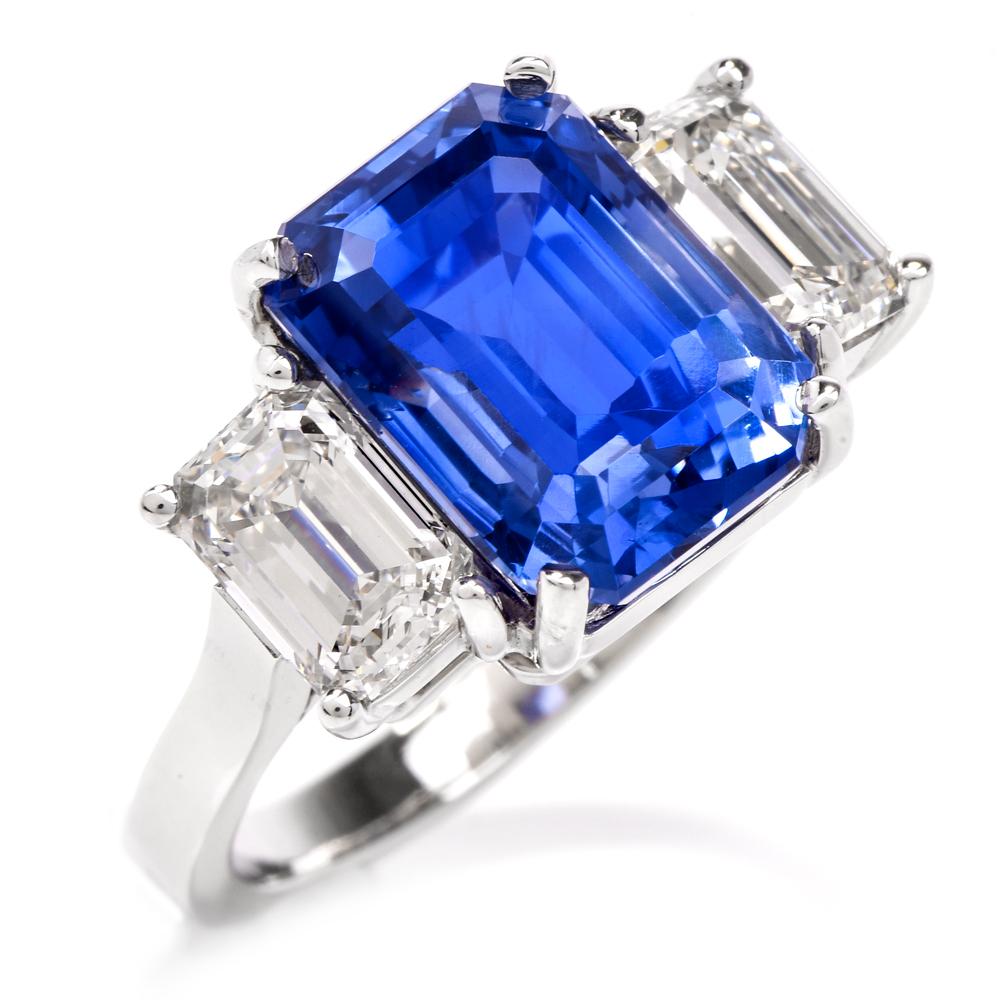 This stunning Ceylon sapphire and diamond three stone ring is crafted in solid platinum made. Showcasing an octagonal-shaped sapphire from sri lanka all natural, without any heat or any other treatments weighing approx. 8.83 carats, measuring 11.83