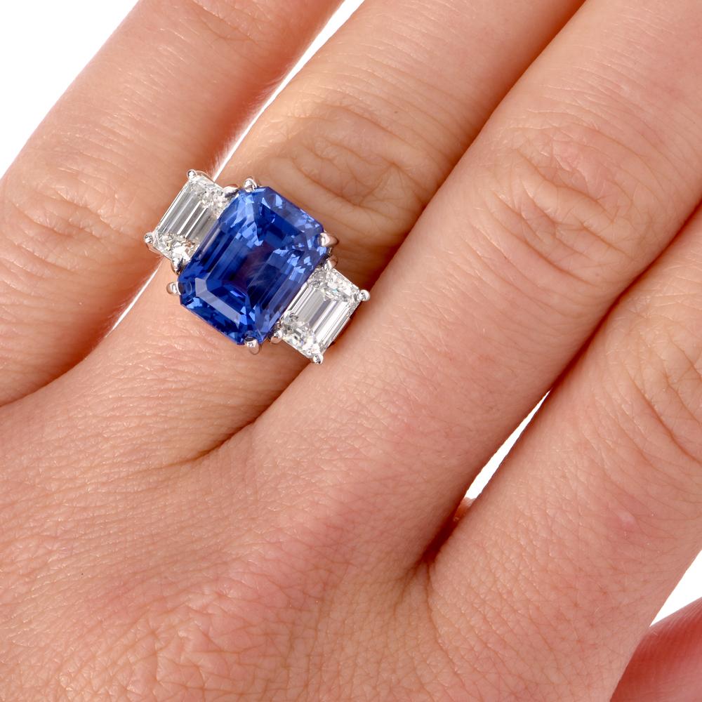 Emerald Cut No Heat Blue Ceylon Sapphire Diamond Three-Stone Platinum Ring