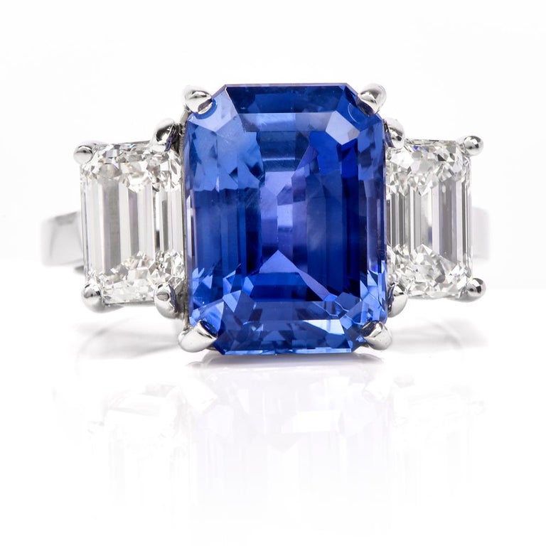 No Heat Blue Ceylon Sapphire Diamond Three-Stone Platinum Ring at 1stDibs