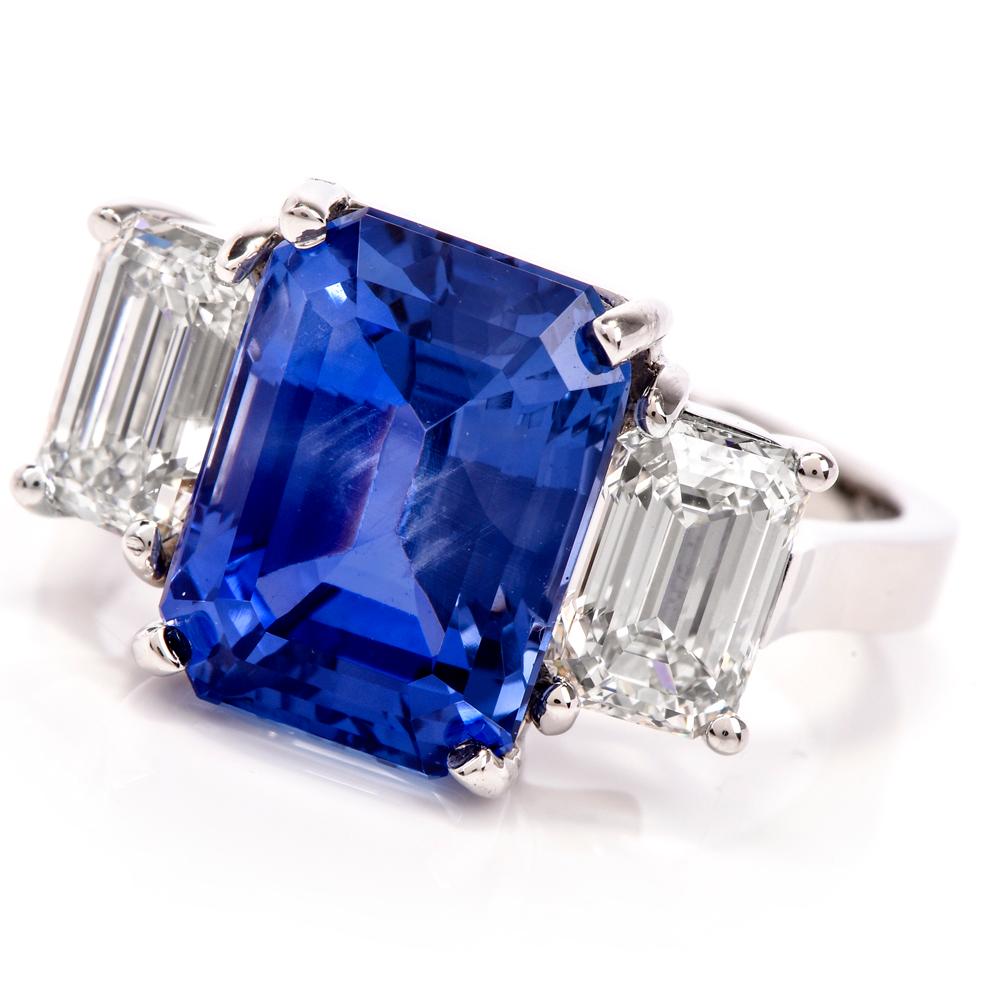 No Heat Blue Ceylon Sapphire Diamond Three-Stone Platinum Ring 1
