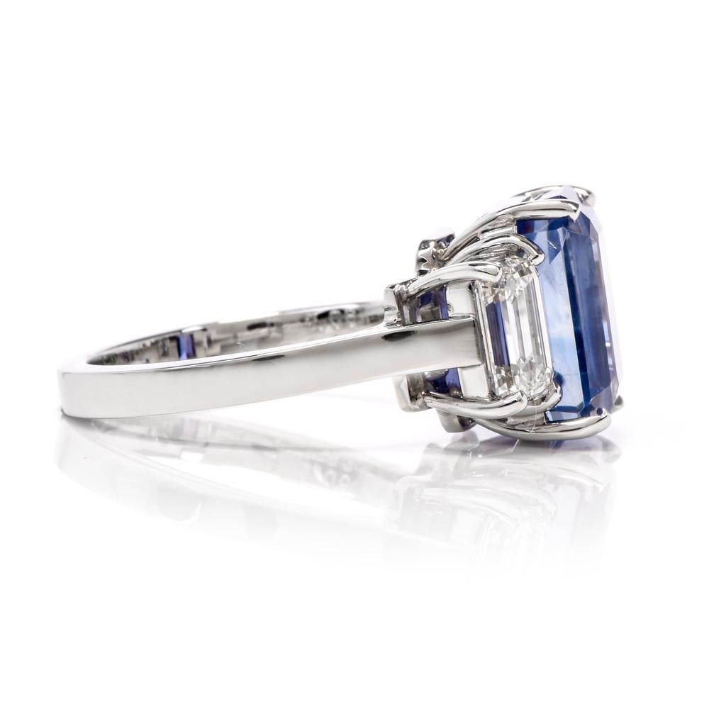 No Heat Blue Ceylon Sapphire Diamond Three-Stone Platinum Ring 4