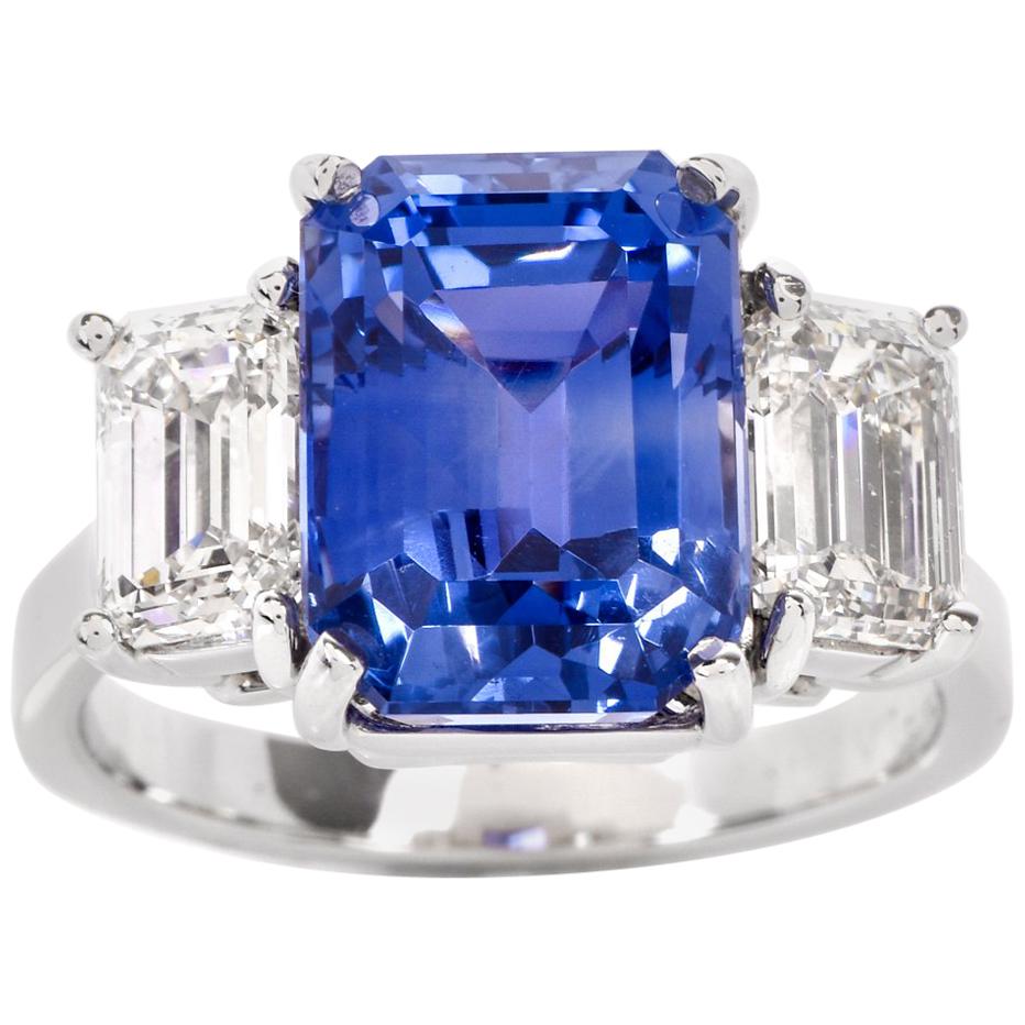 No Heat Blue Ceylon Sapphire Diamond Three-Stone Platinum Ring