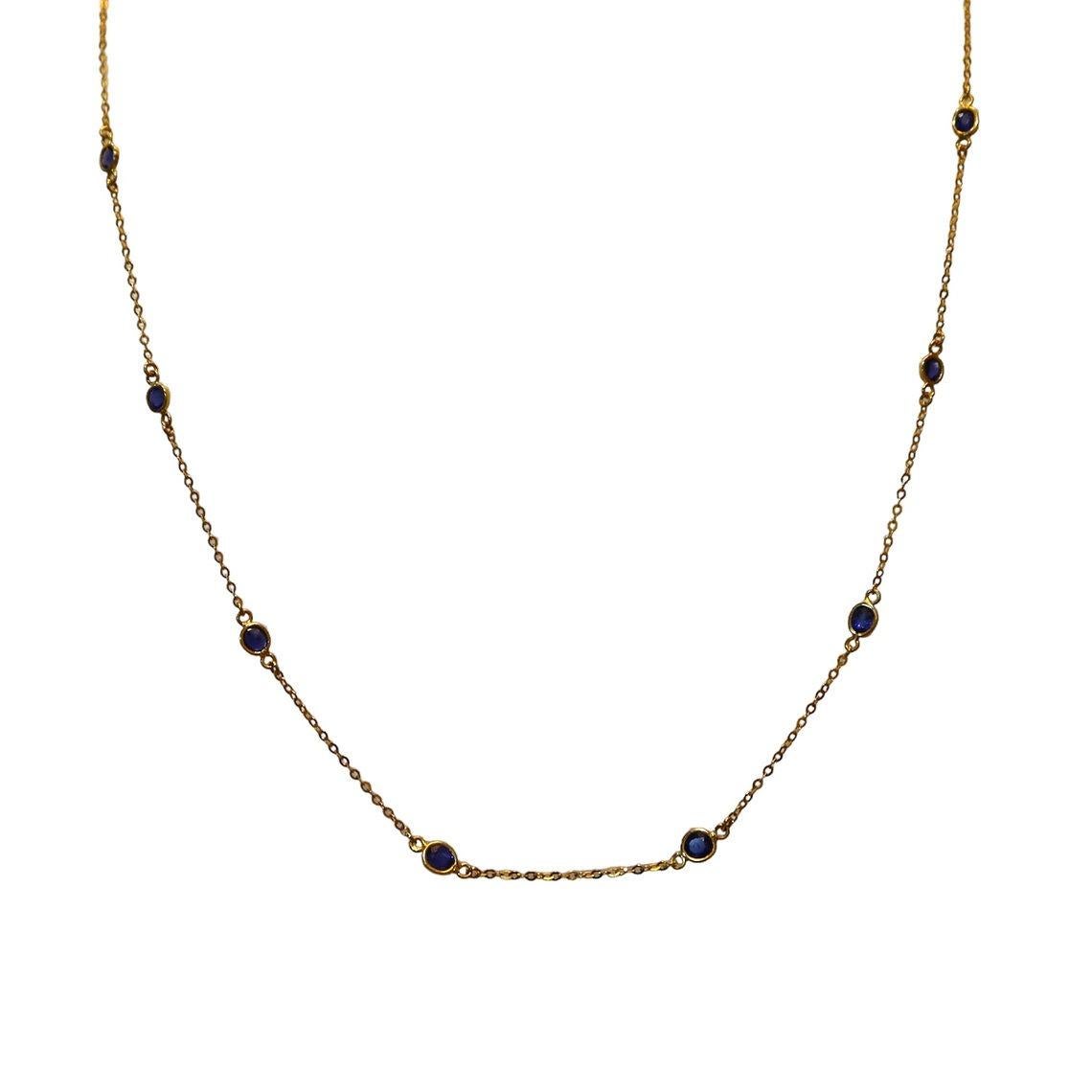 This simple minimalist design includes 8 Unheated Burma blue sapphires that float around the neck on a dainty chain. Most importantly, every single stone is an earth-mined natural sapphire from Mogok, Burma, free from heat treatment or any