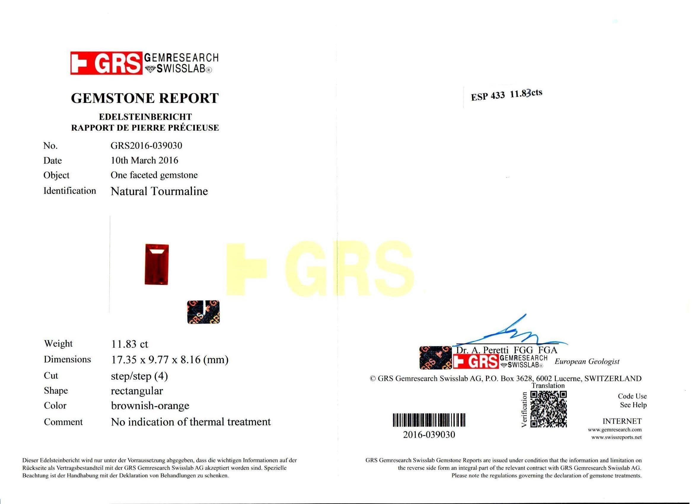 No Heat Bräunlich-Orange Rechteckig Turmalin Cts 11.01 mit GRS Zertifikat im Angebot 1