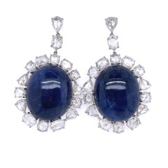 No Heat Burma Blue Cabochon Sapphire Earrings in 18K  White Gold