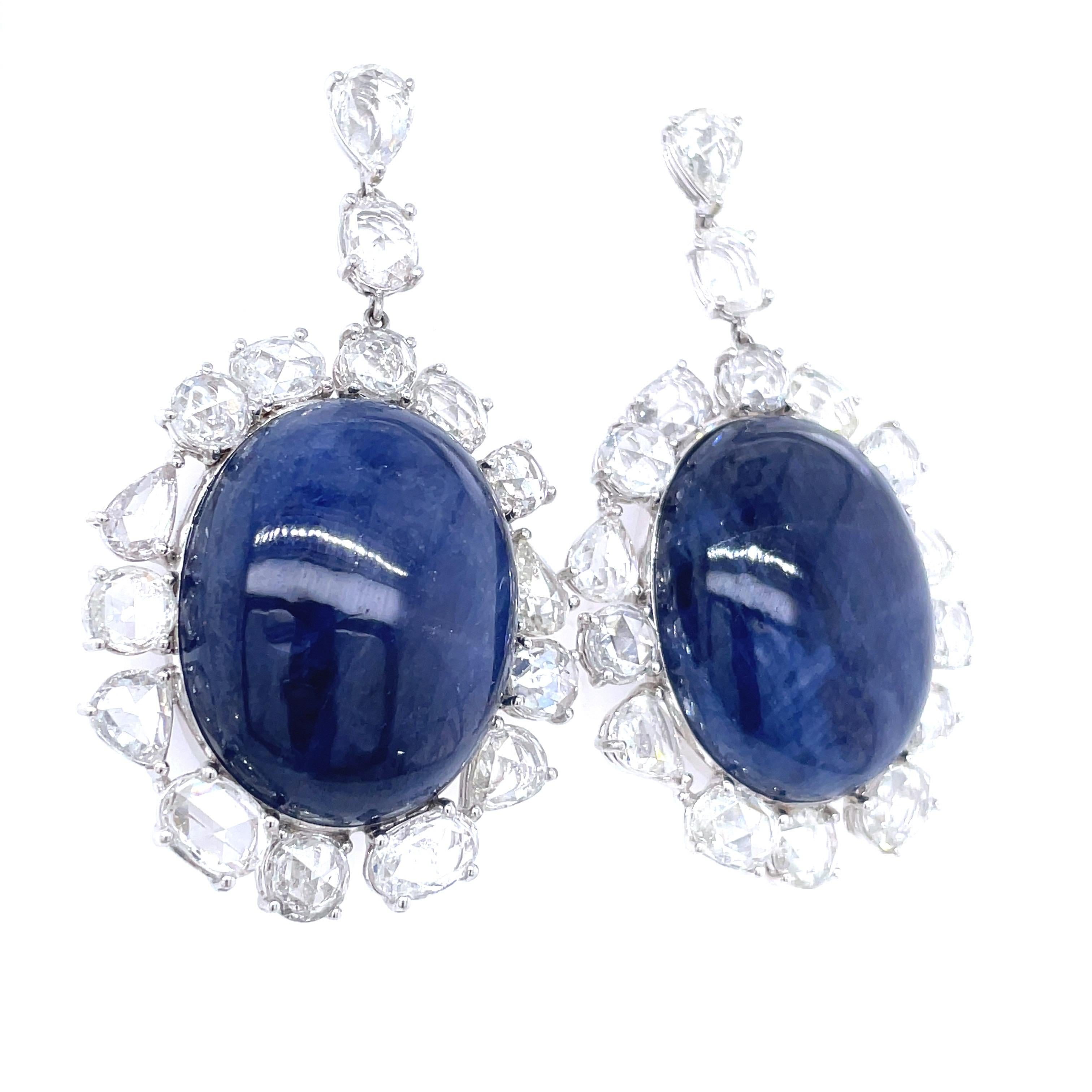 Contemporary No Heat Burma Blue Cabochon Sapphire Earrings in 18 K  White Gold For Sale