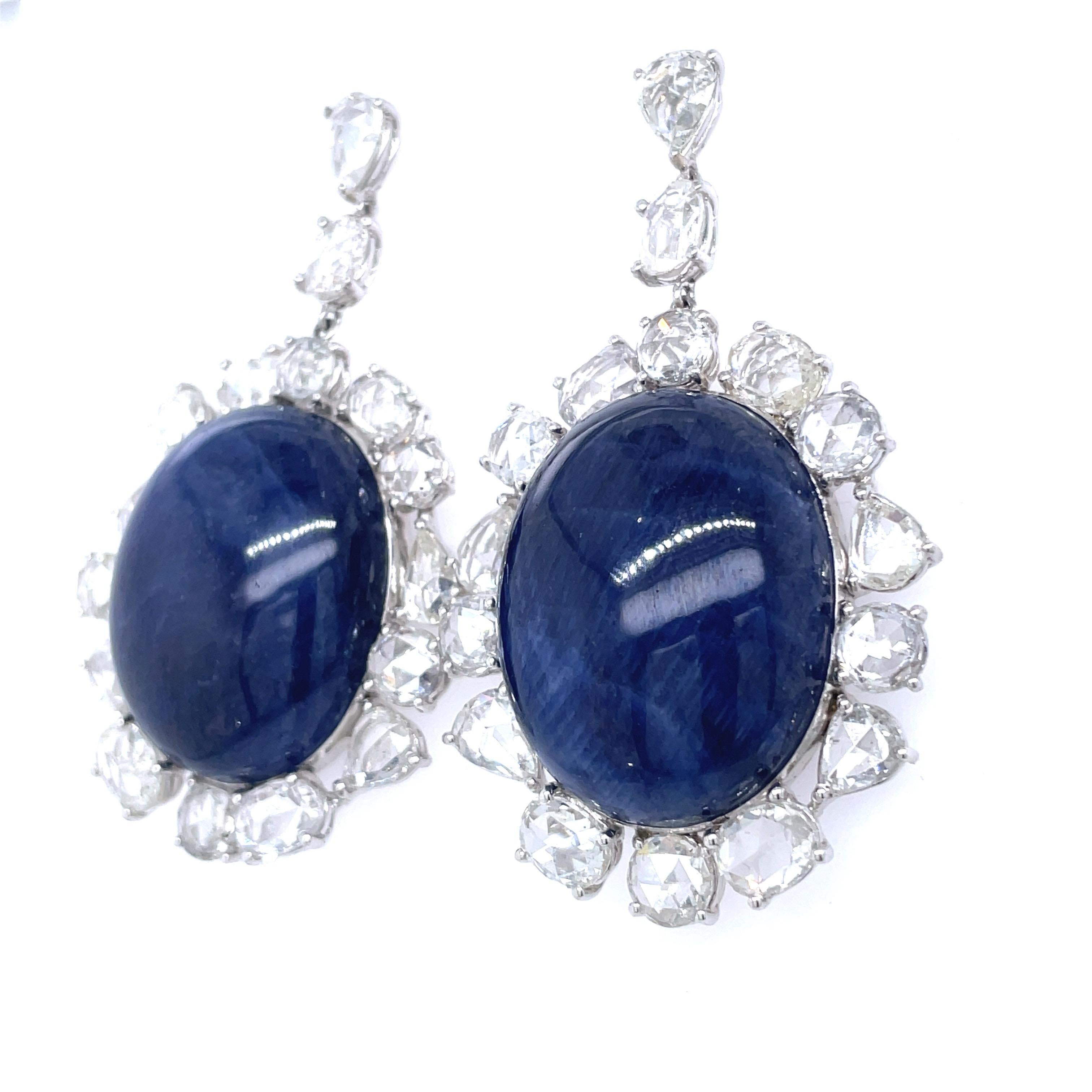 No Heat Burma Blue Cabochon Sapphire Earrings in 18 K  White Gold In New Condition For Sale In Hong Kong, HK