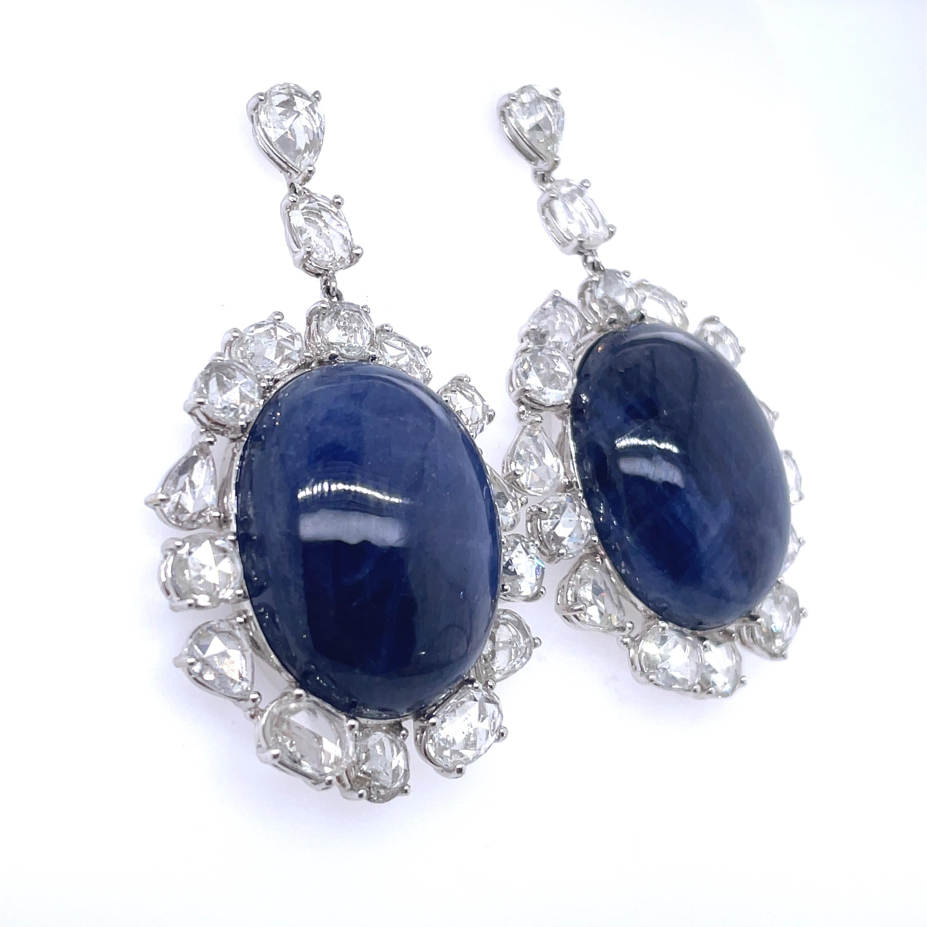 Women's or Men's No Heat Burma Blue Cabochon Sapphire Earrings in 18 K  White Gold For Sale