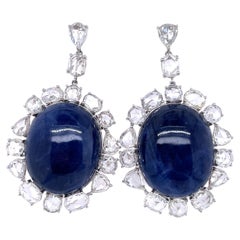 Boucles d'oreilles en saphir cabochon bleu de Birmanie sans chaleur en 18 K  Or blanc