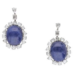 No Heat Burma Blue Cabochon Sapphire Earrings in 18K  White Gold