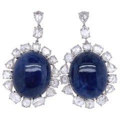 No Heat Burma Blue Cabochon Sapphire Earrings in 18K  White Gold