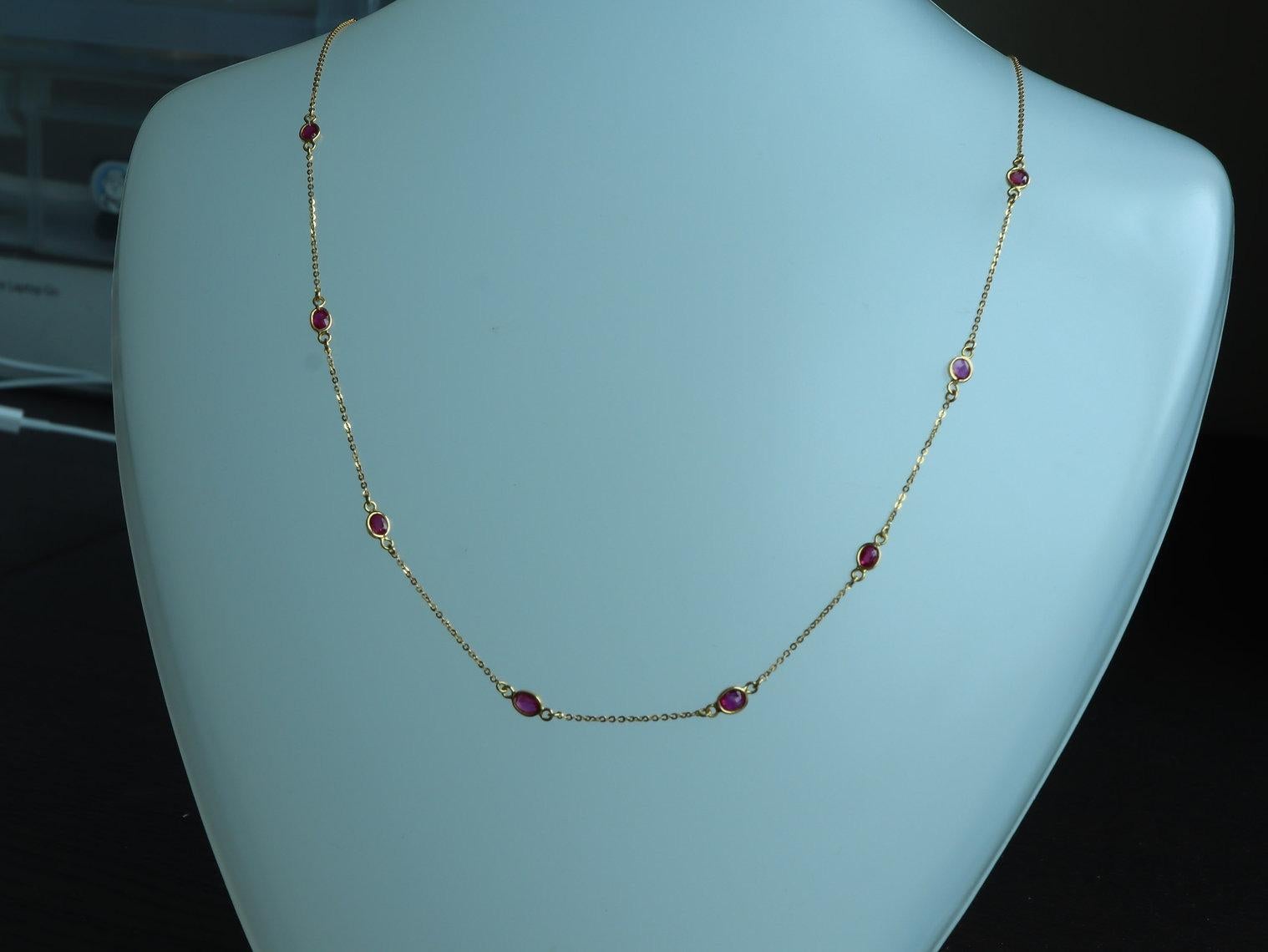 
This simple minimalist design includes 8 Unheated Burma Ruby that float around the neck on a dainty chain. Most importantly, every single stone is an earth-mined natural ruby from Mogok, Burma, free from heat treatment or any enhancement. Length