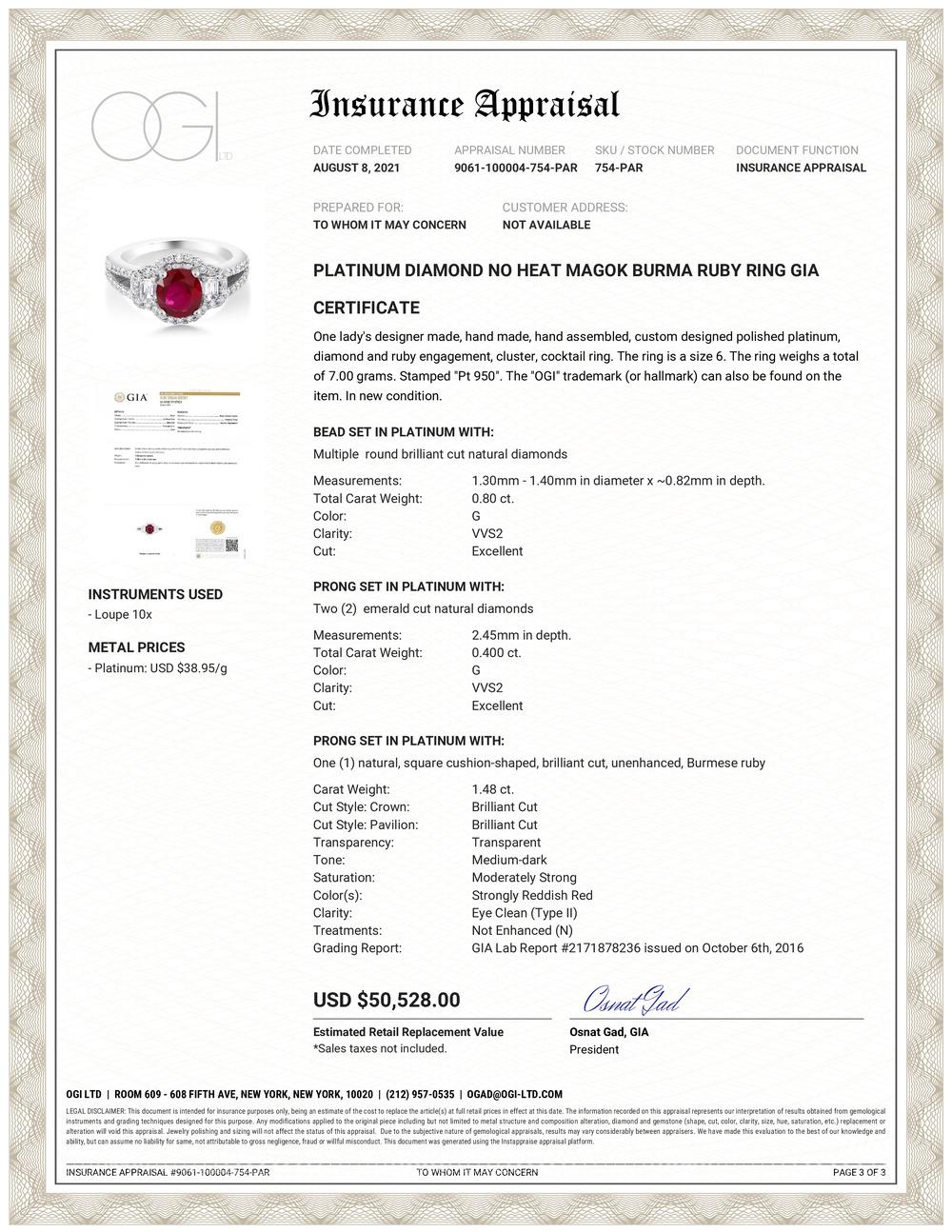 Introducing a Spectacular GIA Certified No Heat Myanmar Ruby & 1.48 Carat Diamond Platinum Ring - A True Rarity!
Prepare to be mesmerized by the allure of this one-of-a-kind jewelry masterpiece. This exquisite platinum ring features a magnificent