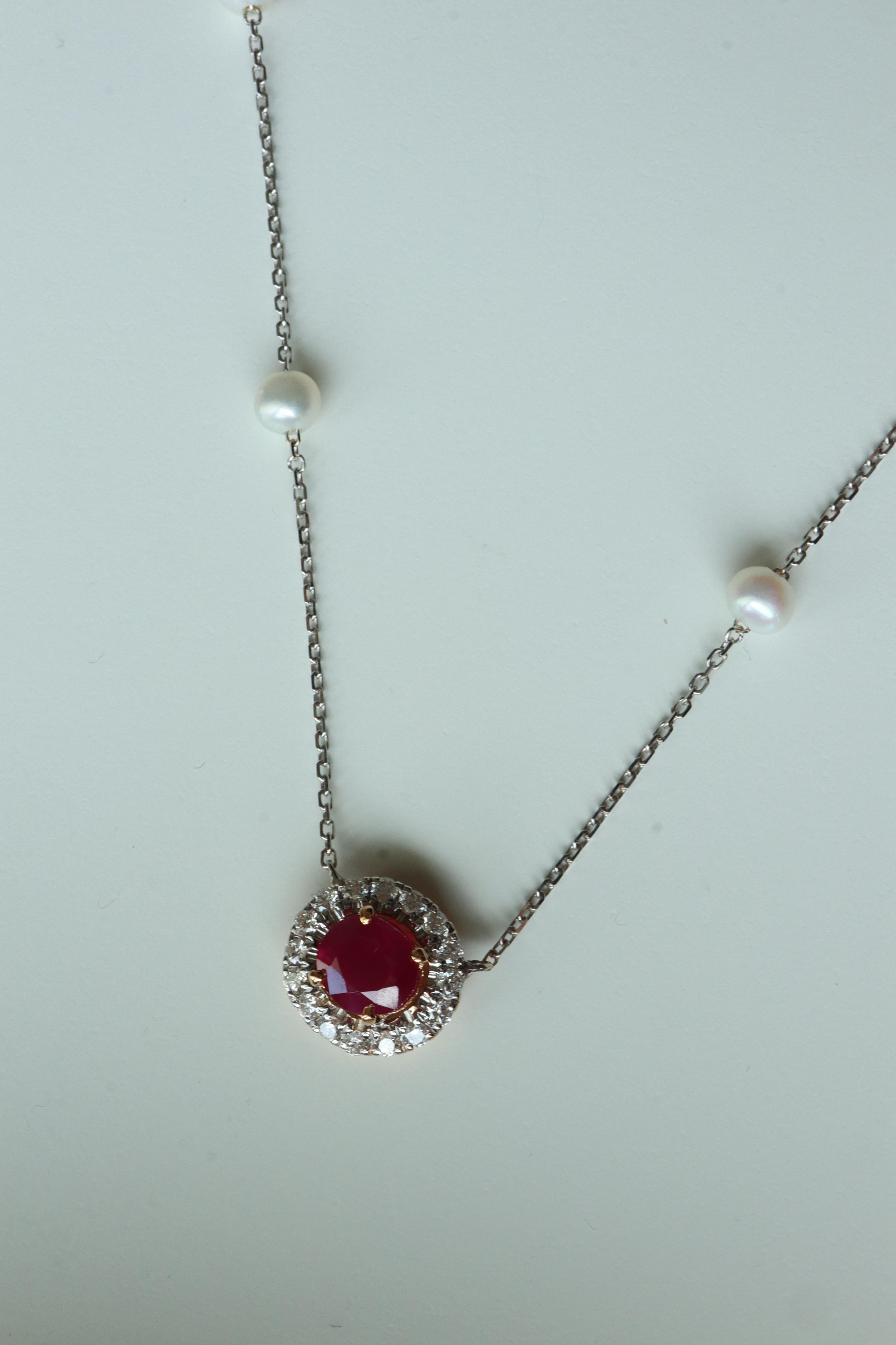 Collar No Heat Burma Ruby con diamantes naturales y perlas akoya Art Decó en venta