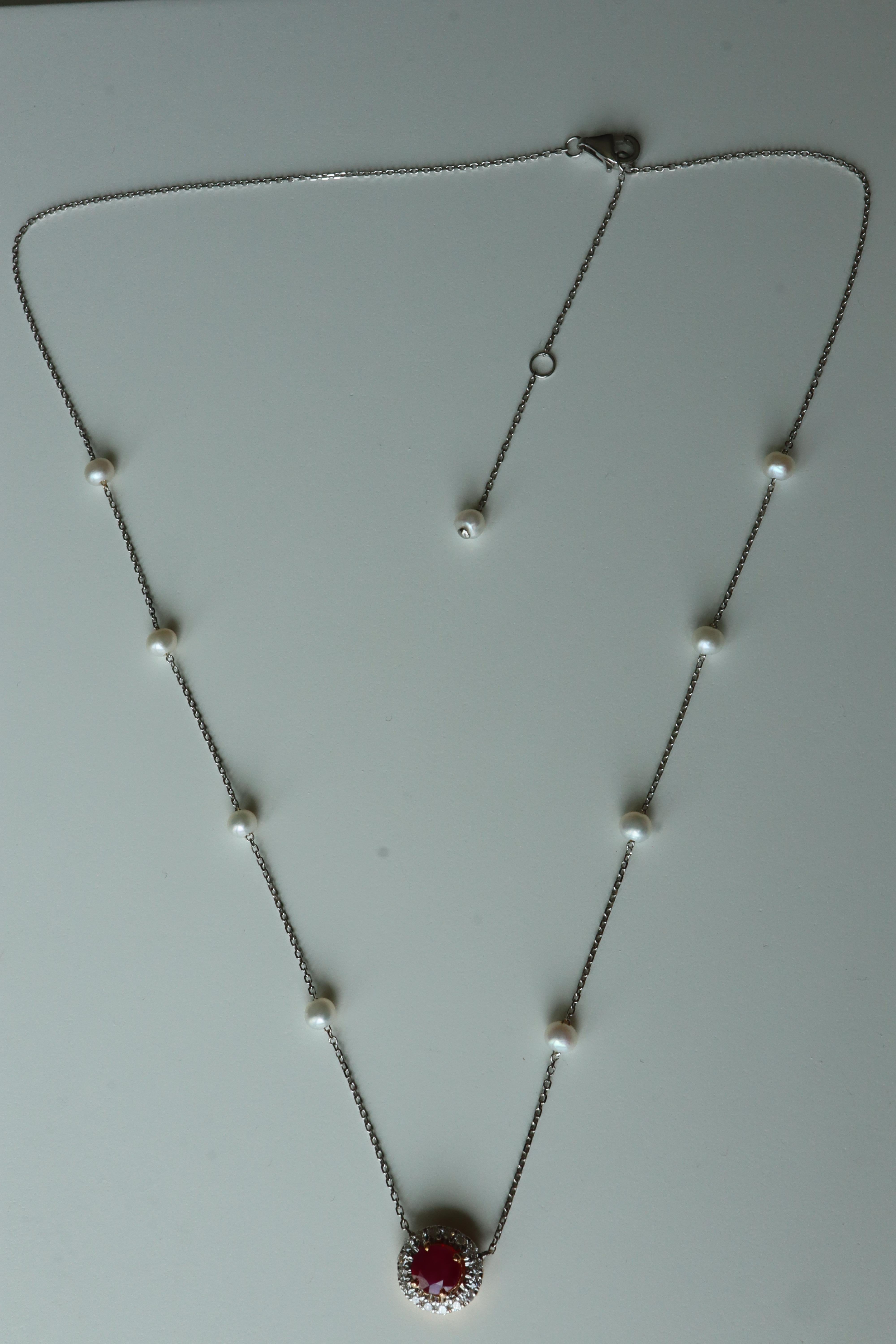 De las mujeres Collar No Heat Burma Ruby con diamantes naturales y perlas akoya en venta