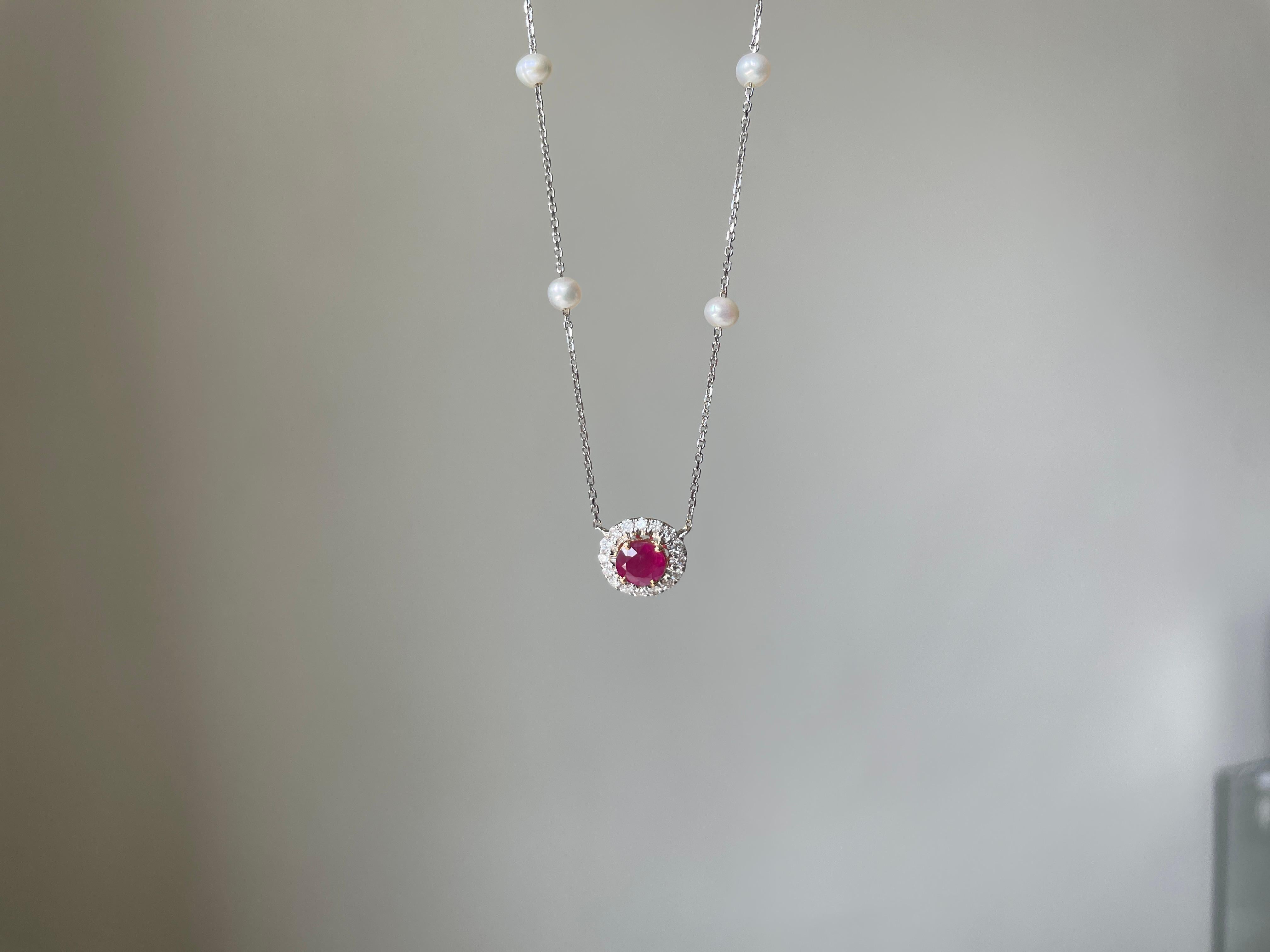 Halskette aus unbehandeltem Burma-Rubin mit natürlichen Diamanten und Akoya-Perlen im Angebot 2