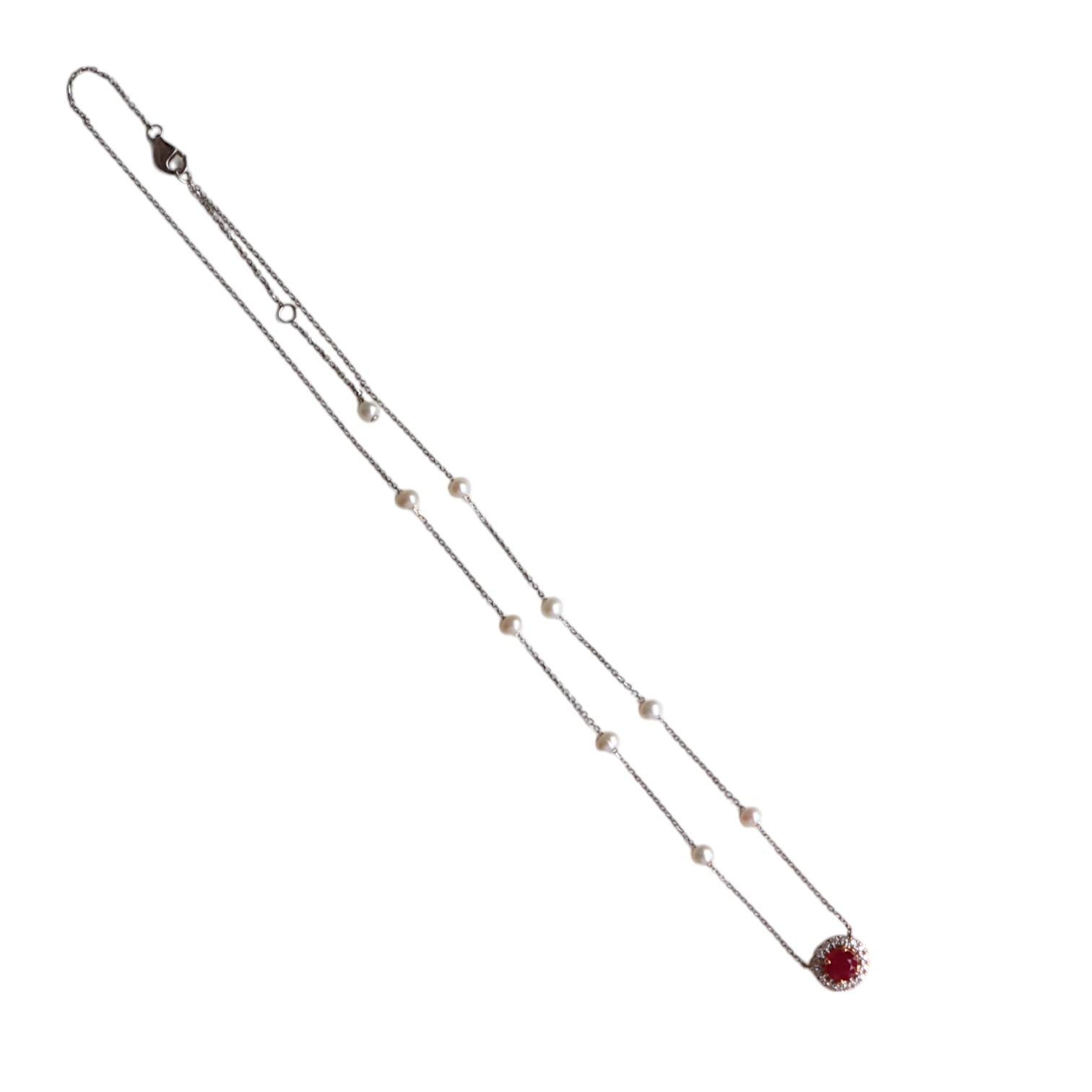 Halskette aus unbehandeltem Burma-Rubin mit natürlichen Diamanten und Akoya-Perlen im Angebot 3