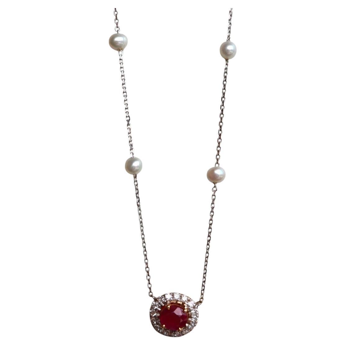Halskette aus unbehandeltem Burma-Rubin mit natürlichen Diamanten und Akoya-Perlen im Angebot