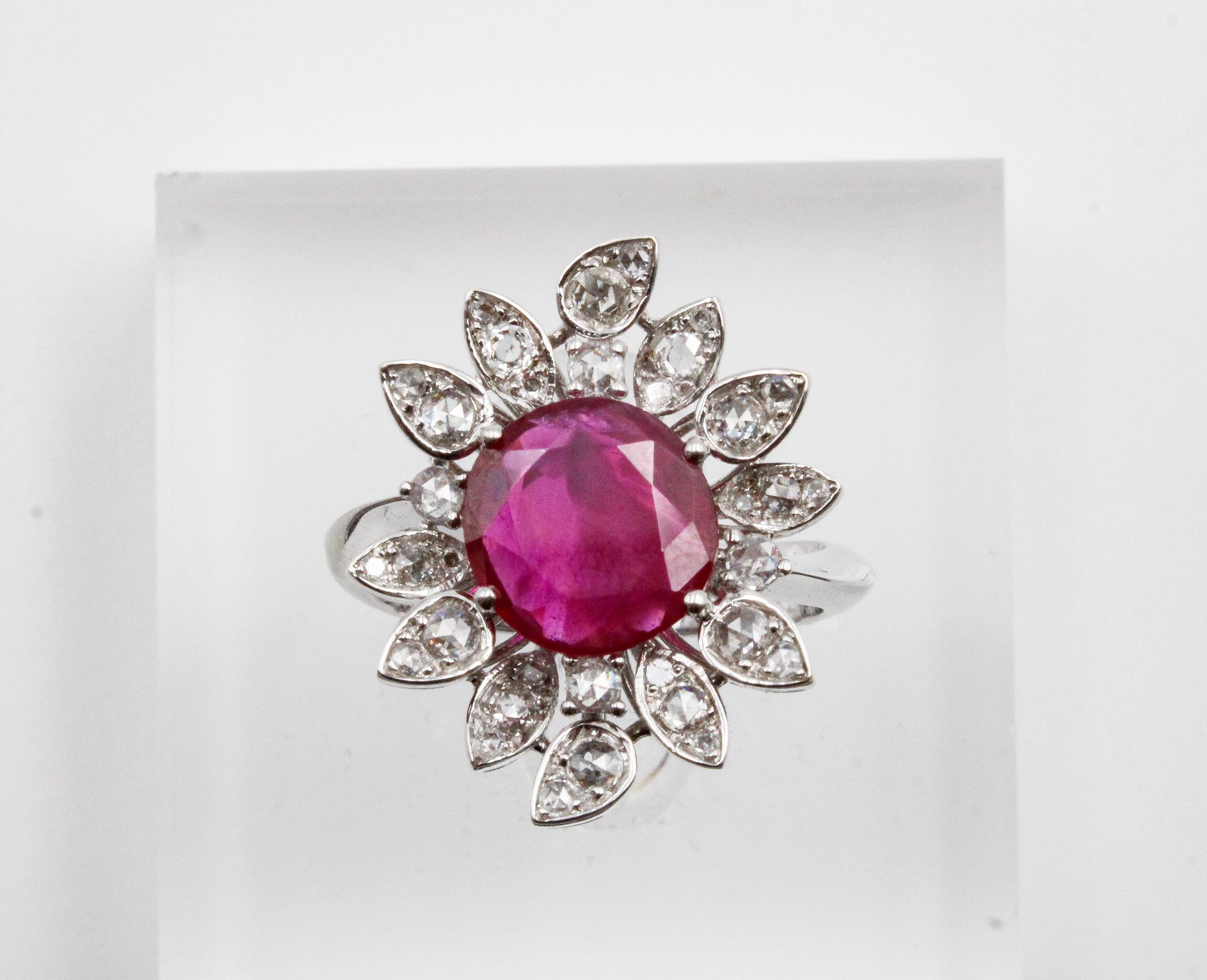No Heat Burmese Ruby and Diamond Cluster Ring, GRS Certified For Sale 5