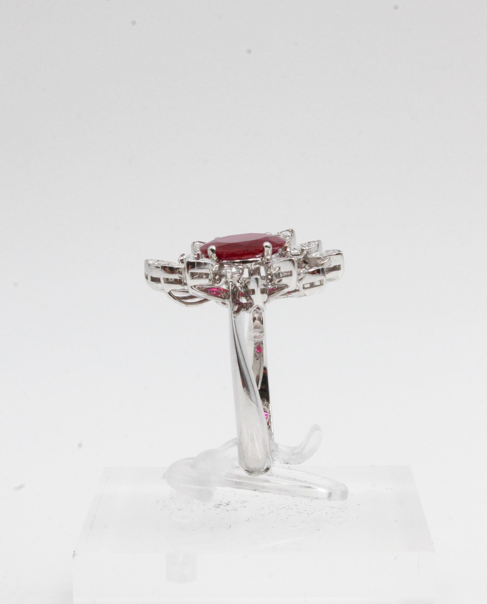 Women's or Men's No Heat Burmese Ruby and Diamond Cluster Ring, GRS Certified For Sale
