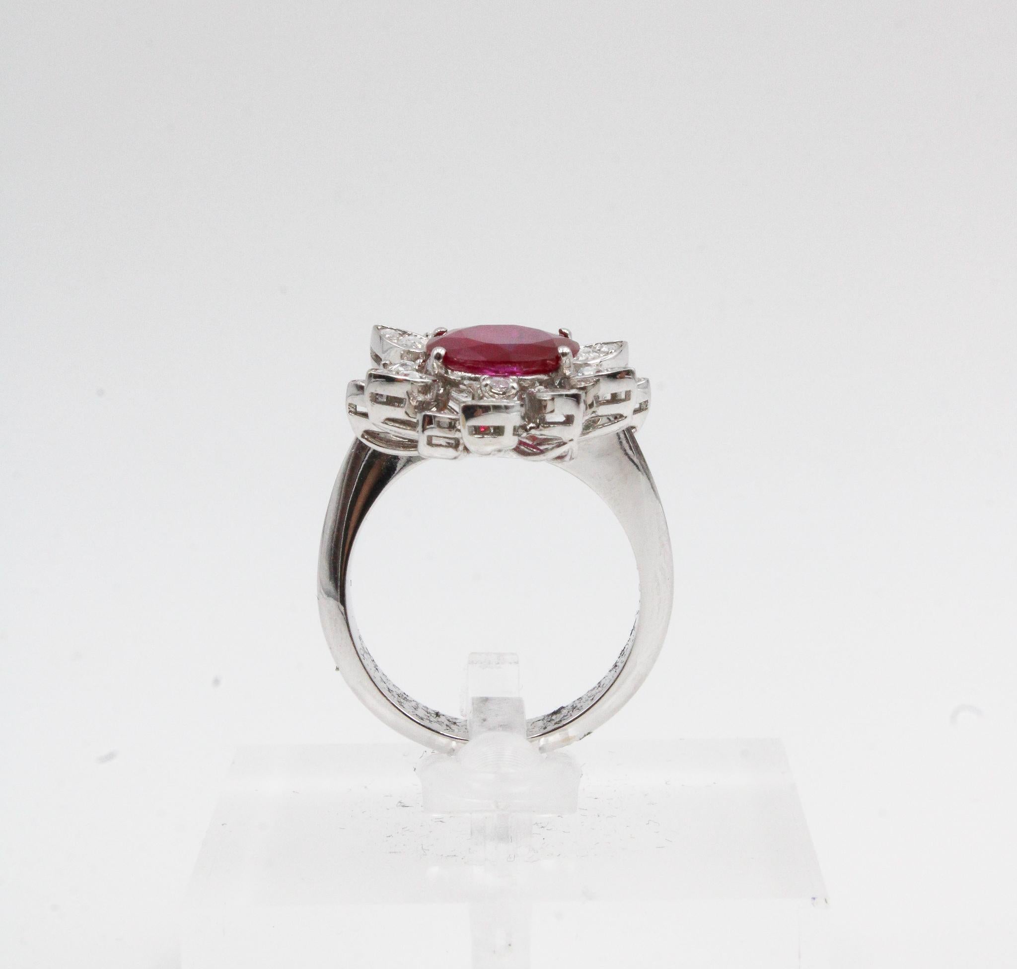 No Heat Burmese Ruby and Diamond Cluster Ring, GRS Certified For Sale 1