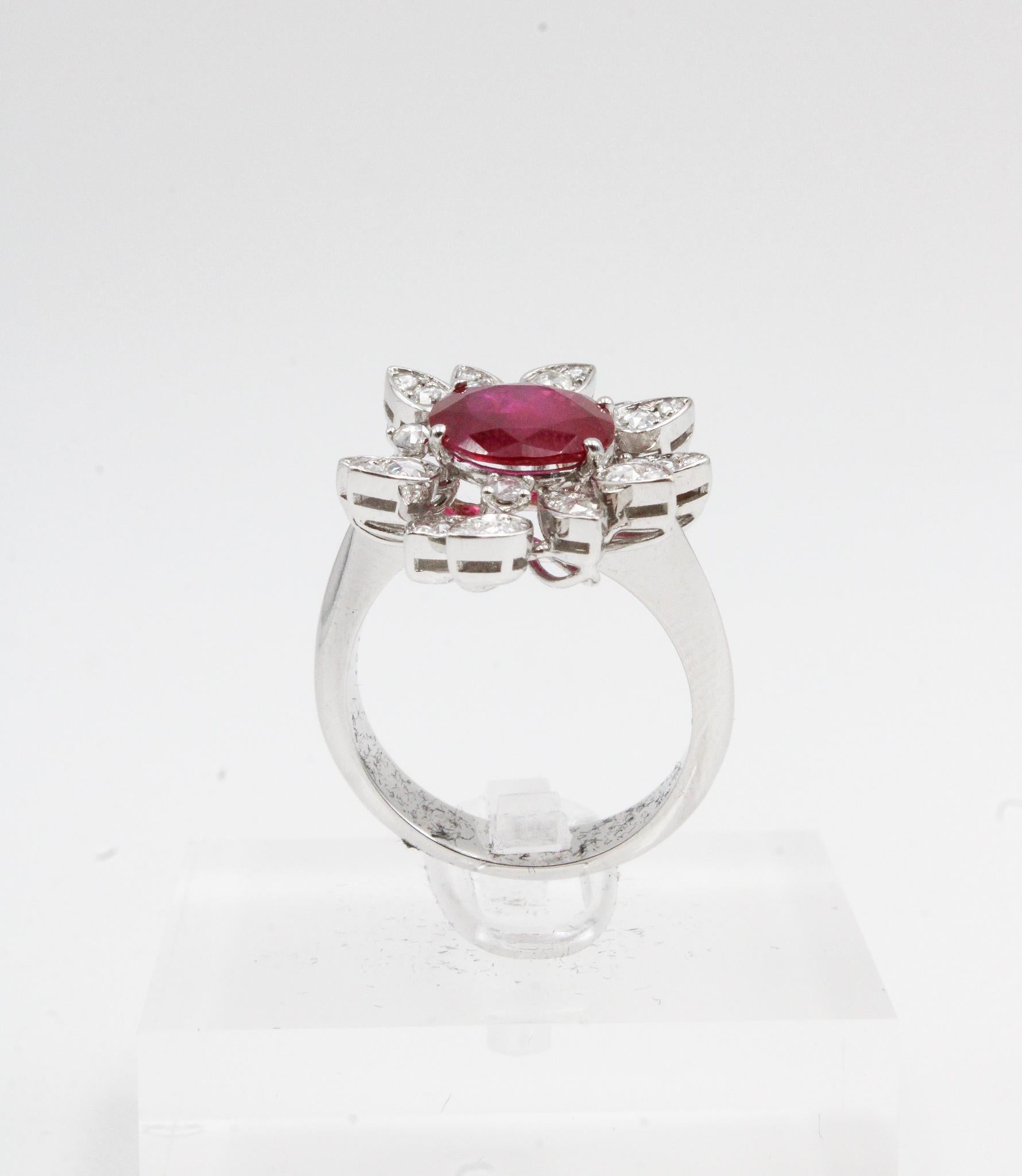 No Heat Burmese Ruby and Diamond Cluster Ring, GRS Certified For Sale 3