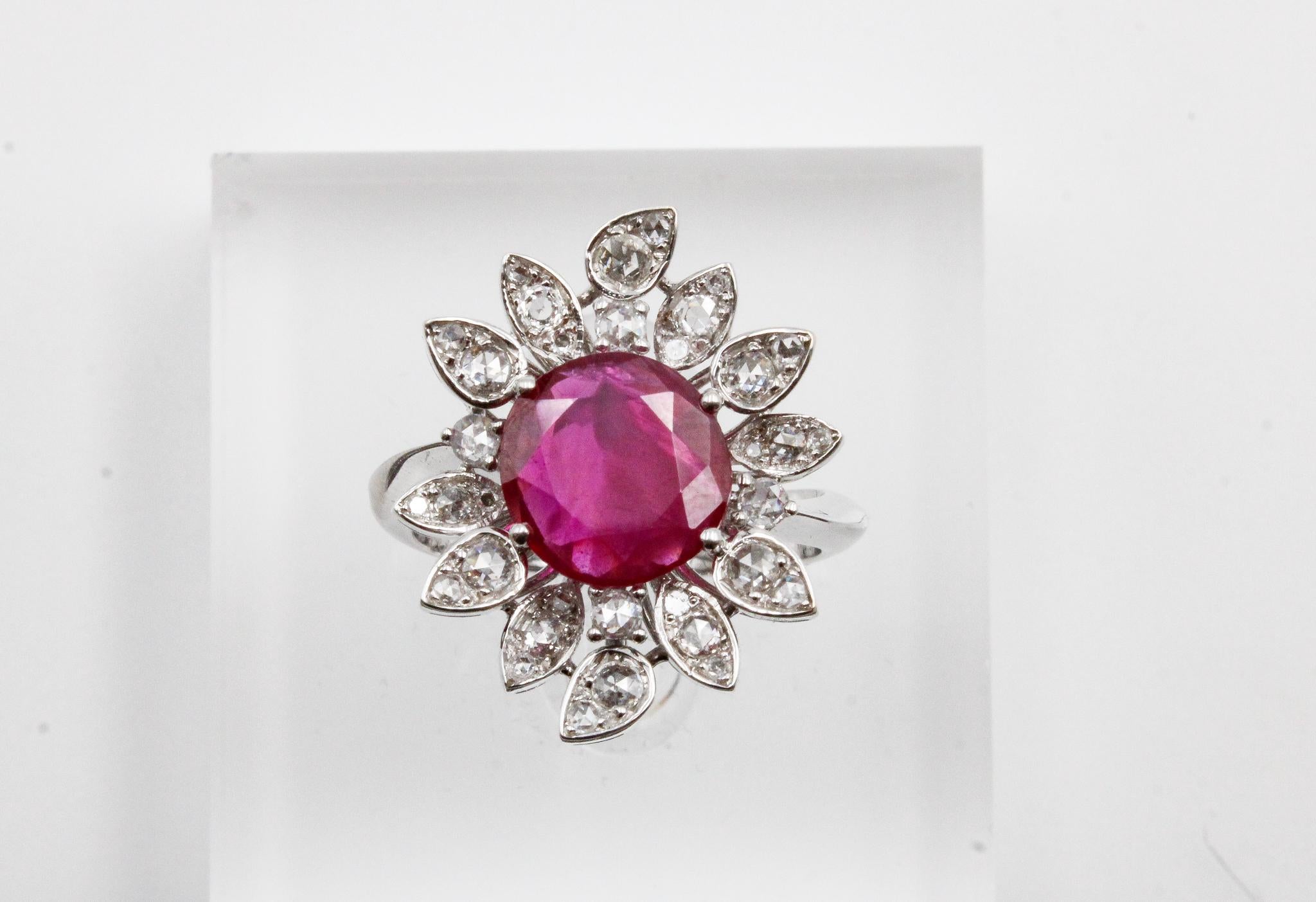 No Heat Burmese Ruby and Diamond Cluster Ring, GRS Certified For Sale 4