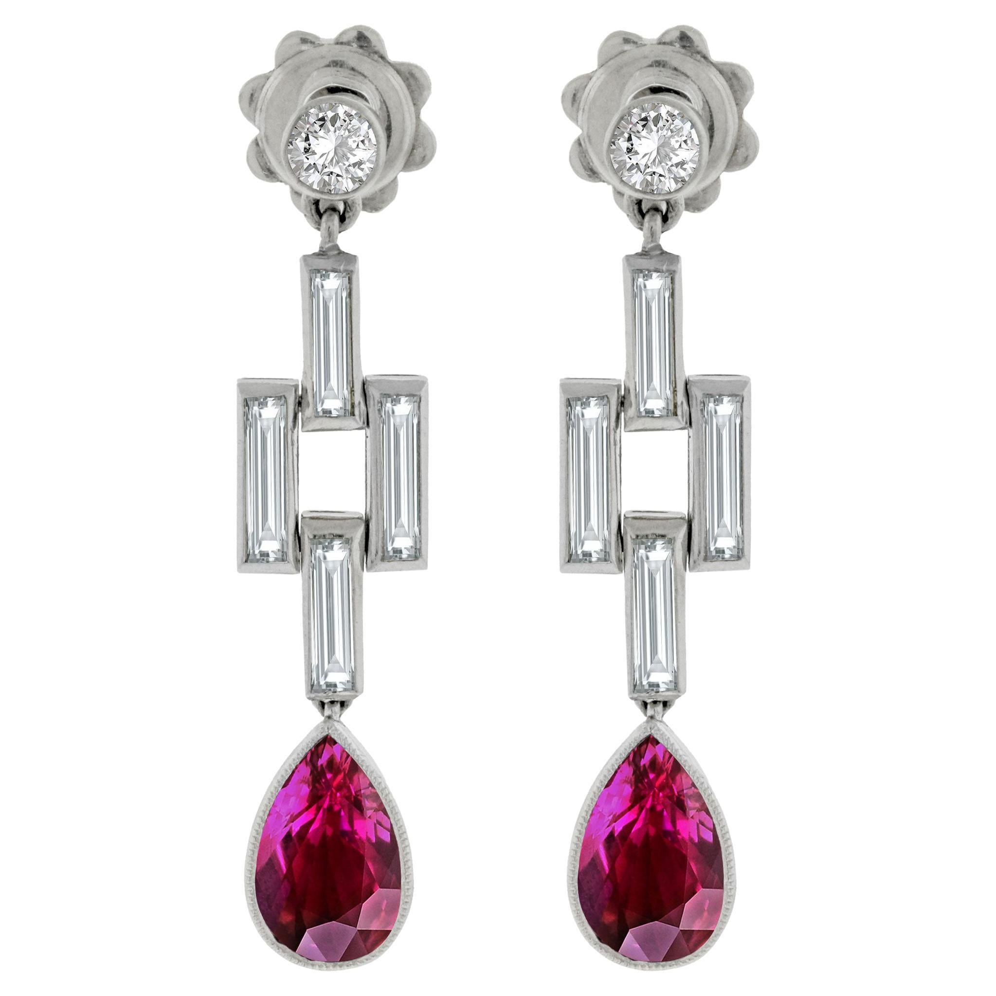 No-Heat Burmese Ruby Diamond Platinum Drop Earrings, AGL Certified For Sale