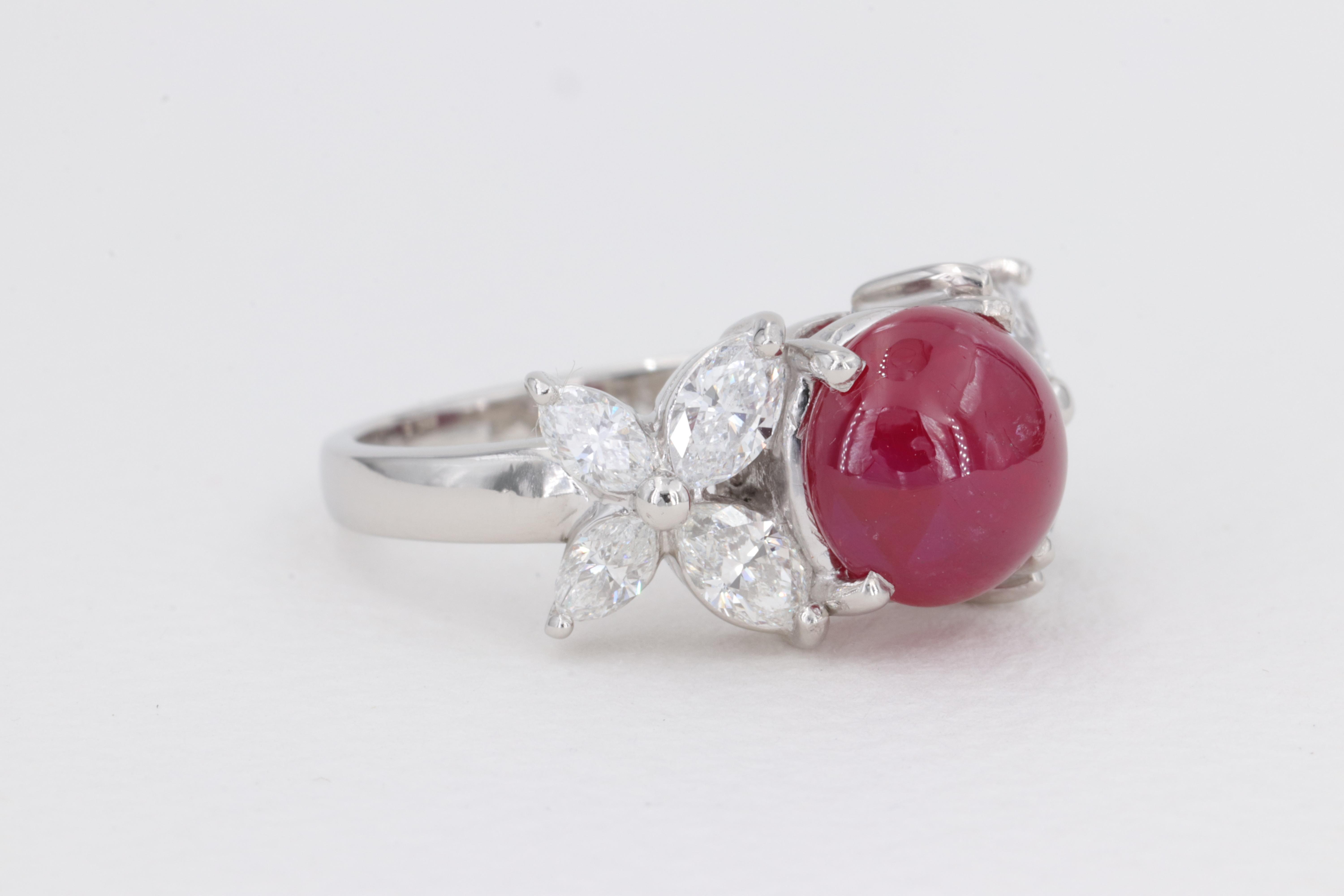 Modern No Heat Cabochon Ruby G.I.A. Set in Plat Ring with Marquise Diamonds For Sale