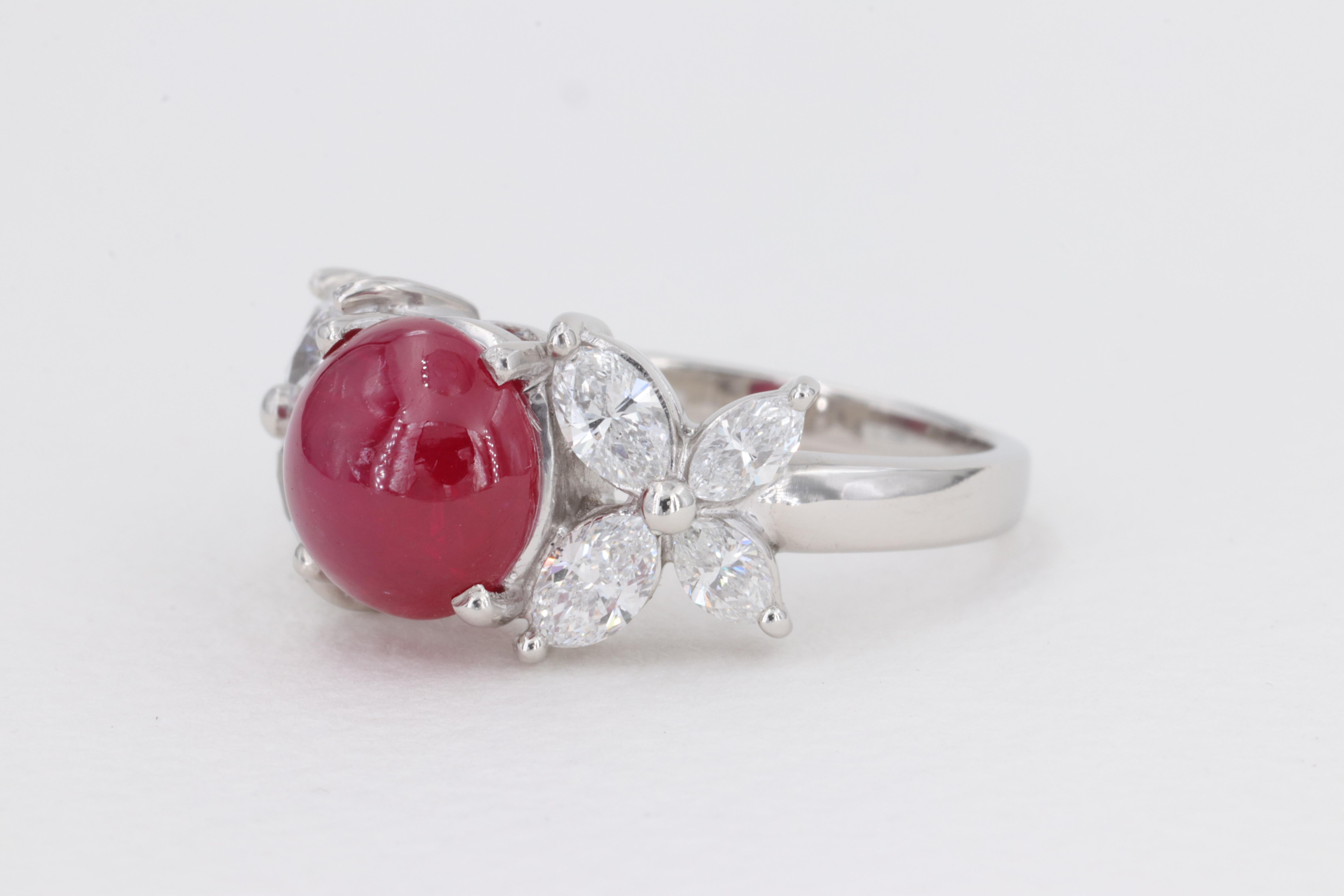 Marquise Cut No Heat Cabochon Ruby G.I.A. Set in Plat Ring with Marquise Diamonds For Sale